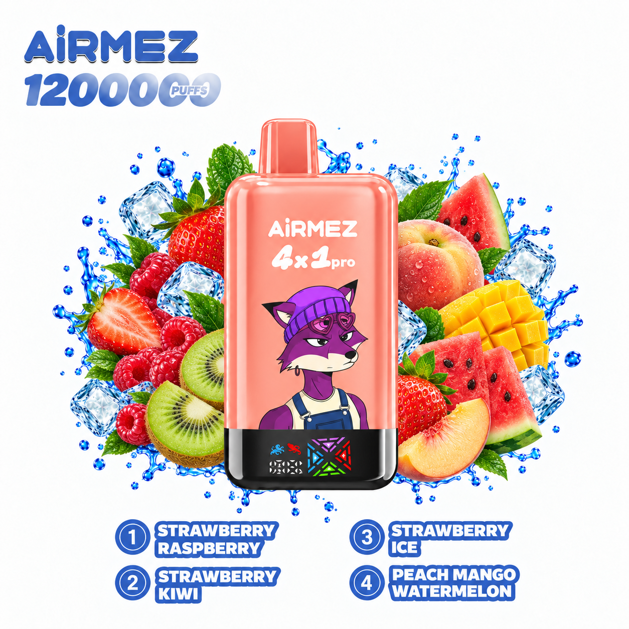AiRMEZ Fox 4-in-1 Pro 120K four-flavor edition with Strawberry Raspberry, Strawberry Kiwi, Strawberry Ice and Peach Mango Watermelon