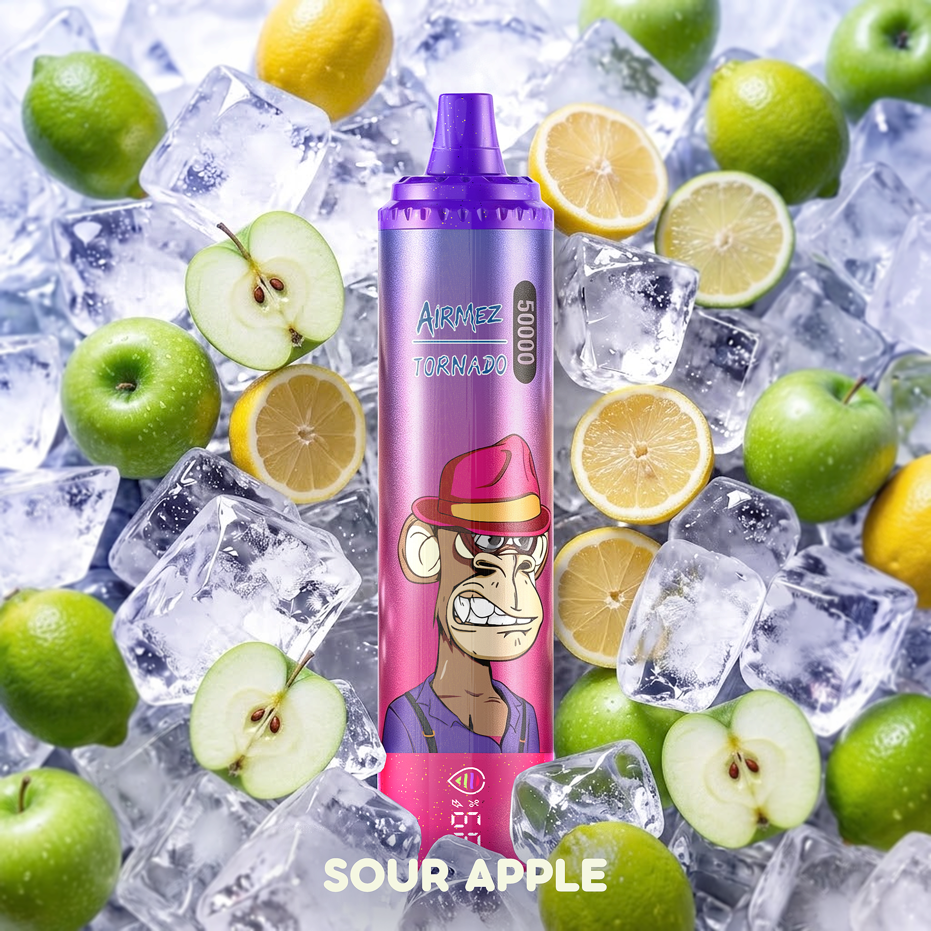 AiRMEZ Tornado 50K Sour Apple flavor with green apples and ice cubes