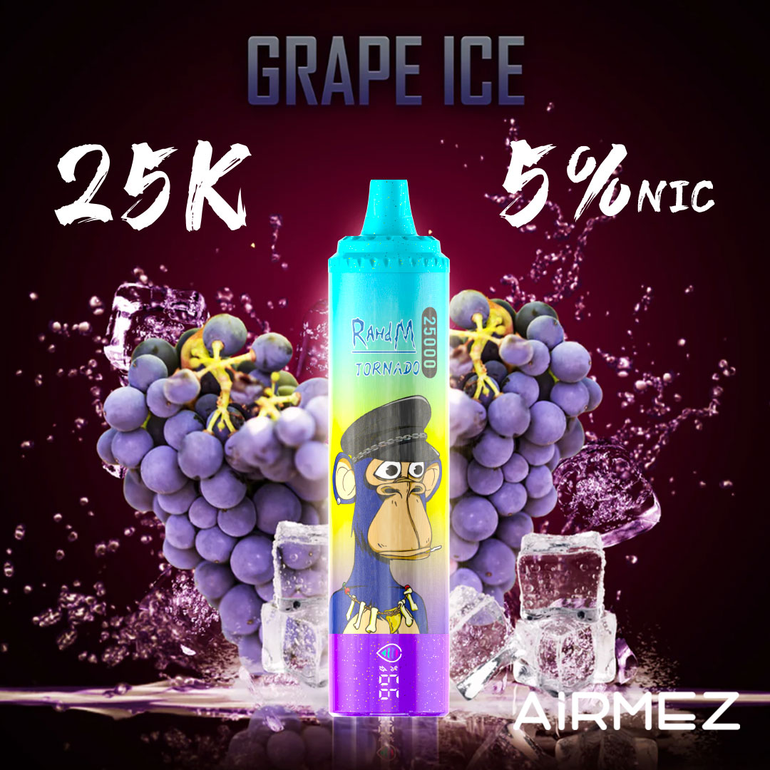 Cooling Grape Ice flavor presentation for Airmez Tornado 25000 Puffs. Visualized with rich purple grapes, icy frost effects, and the 25K puff device.
