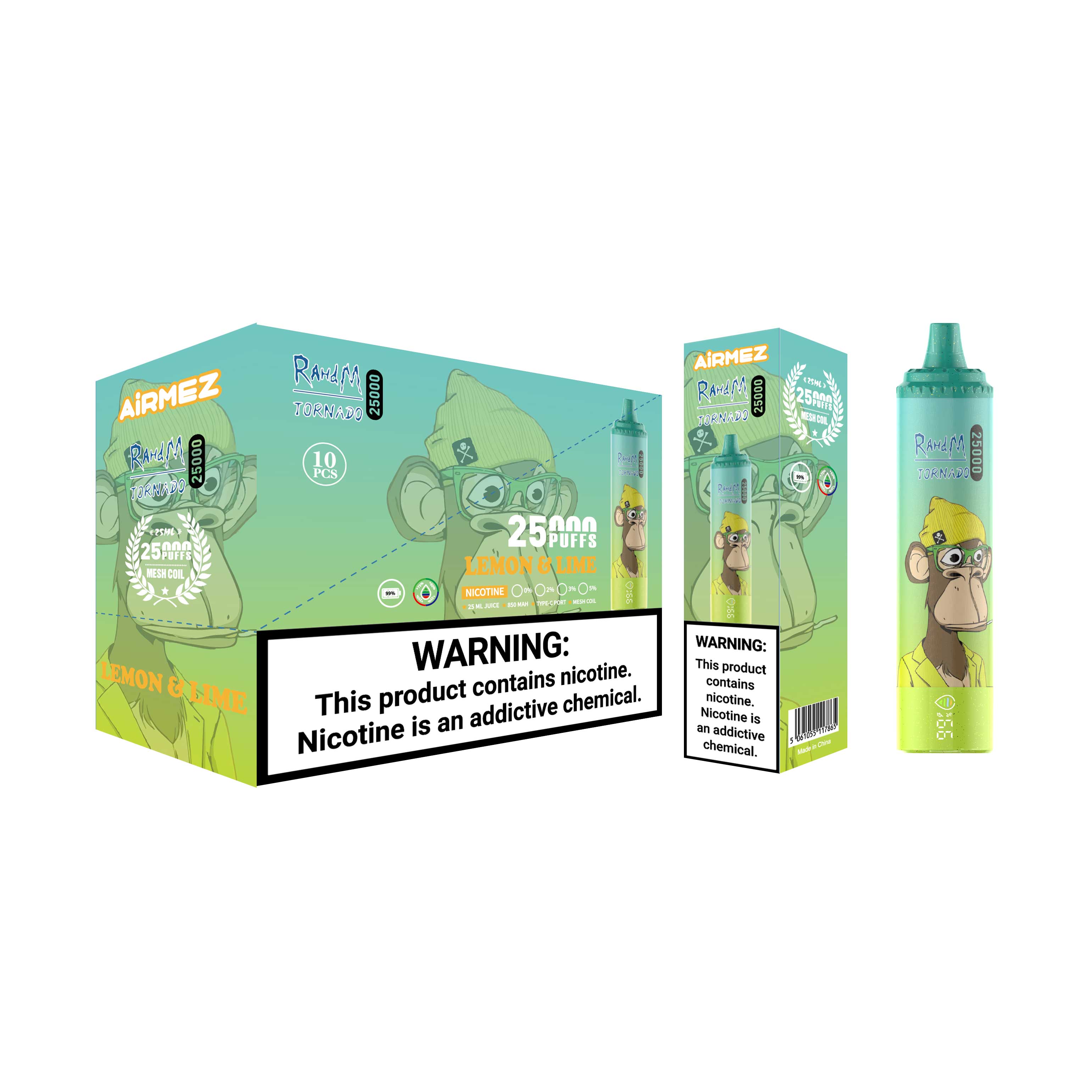 Airmez Tornado 25000 Puffs Lemon & Lime packaging. Ready for wholesale with a 10-pack display box and detailed individual retail carton.