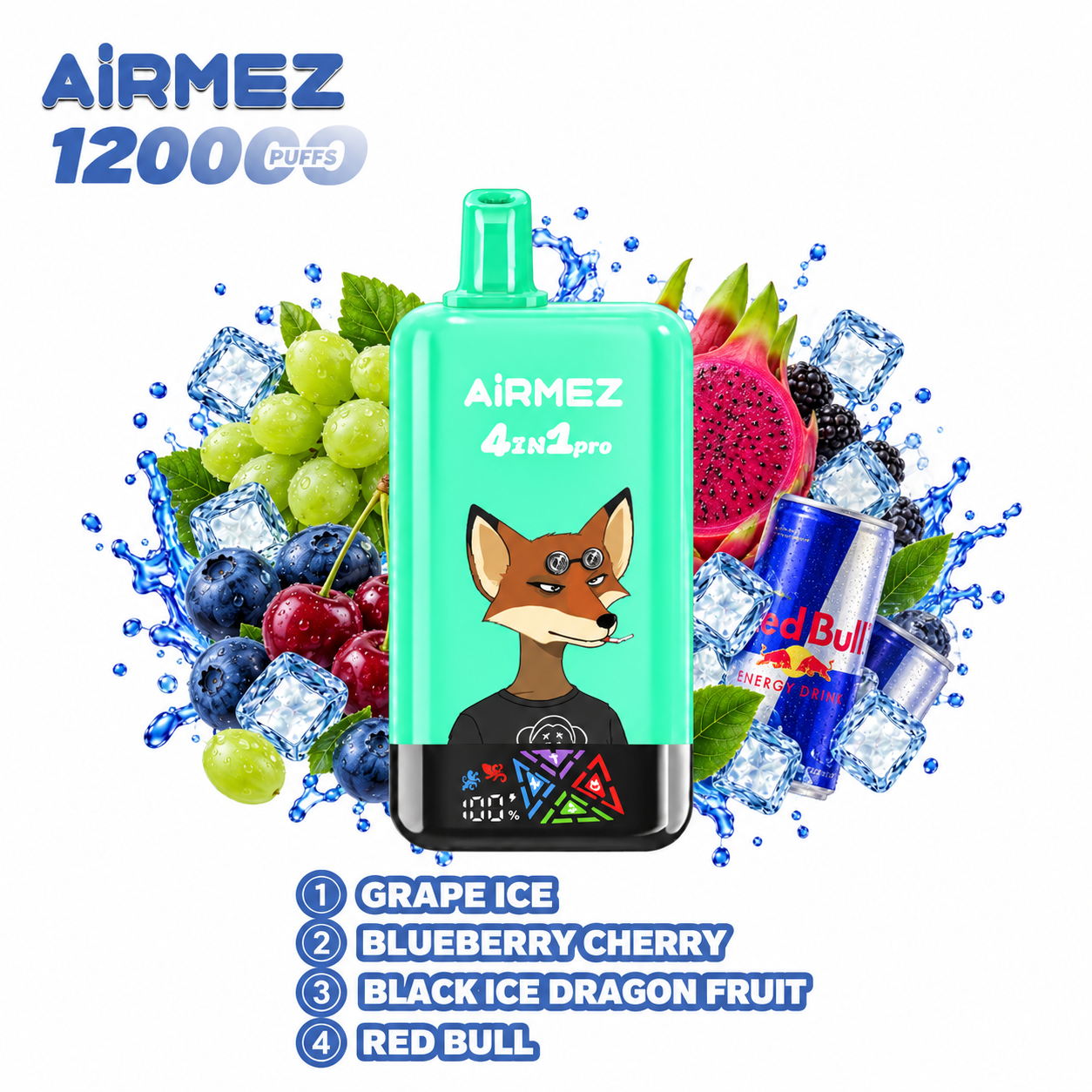 AiRMEZ Fox 4-in-1 Pro 120K four-flavor edition with Grape Ice, Blueberry Cherry, Black Ice Dragon Fruit and Red Bull