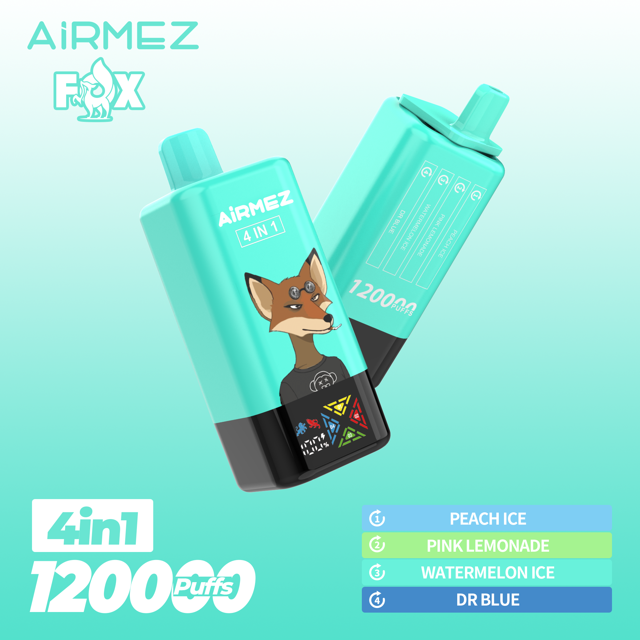 Airmez Fox 120K Puffs Blue Edition. 4-in-1 vape device loaded with Peach Ice, Pink Lemonade, Watermelon Ice, and Dr Blue. Clean white background.
