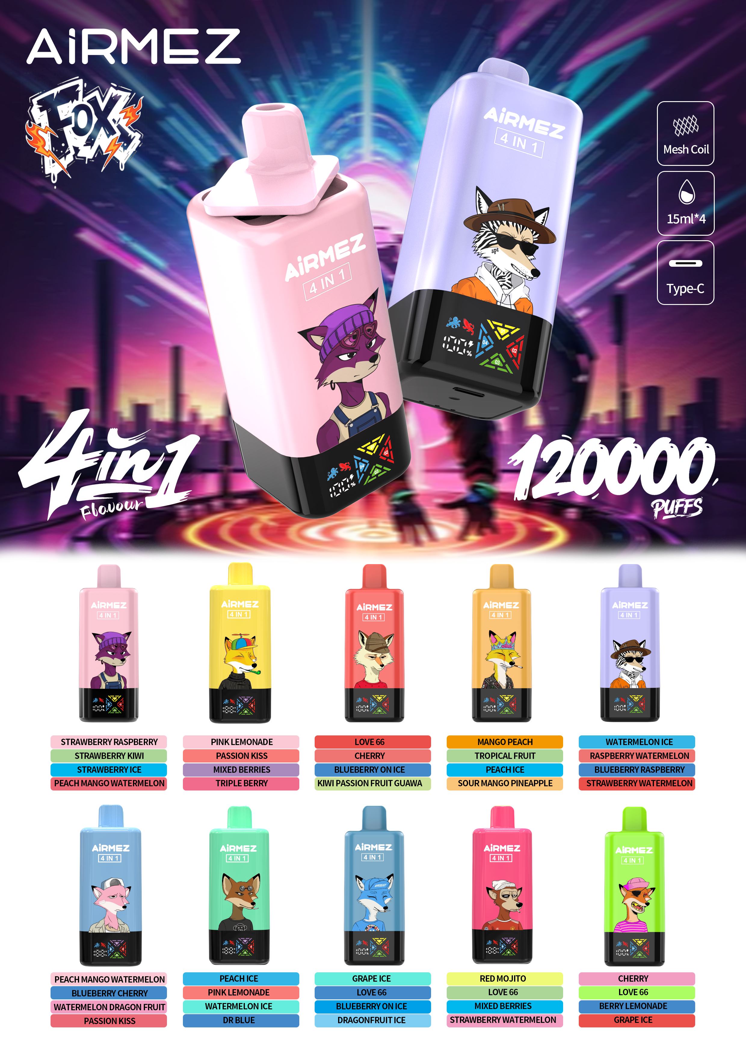Complete flavor guide for Airmez Fox 120K Puffs. Showcasing all 10 color editions and 40 switchable sub-flavors. High-capacity European warehouse stock.
