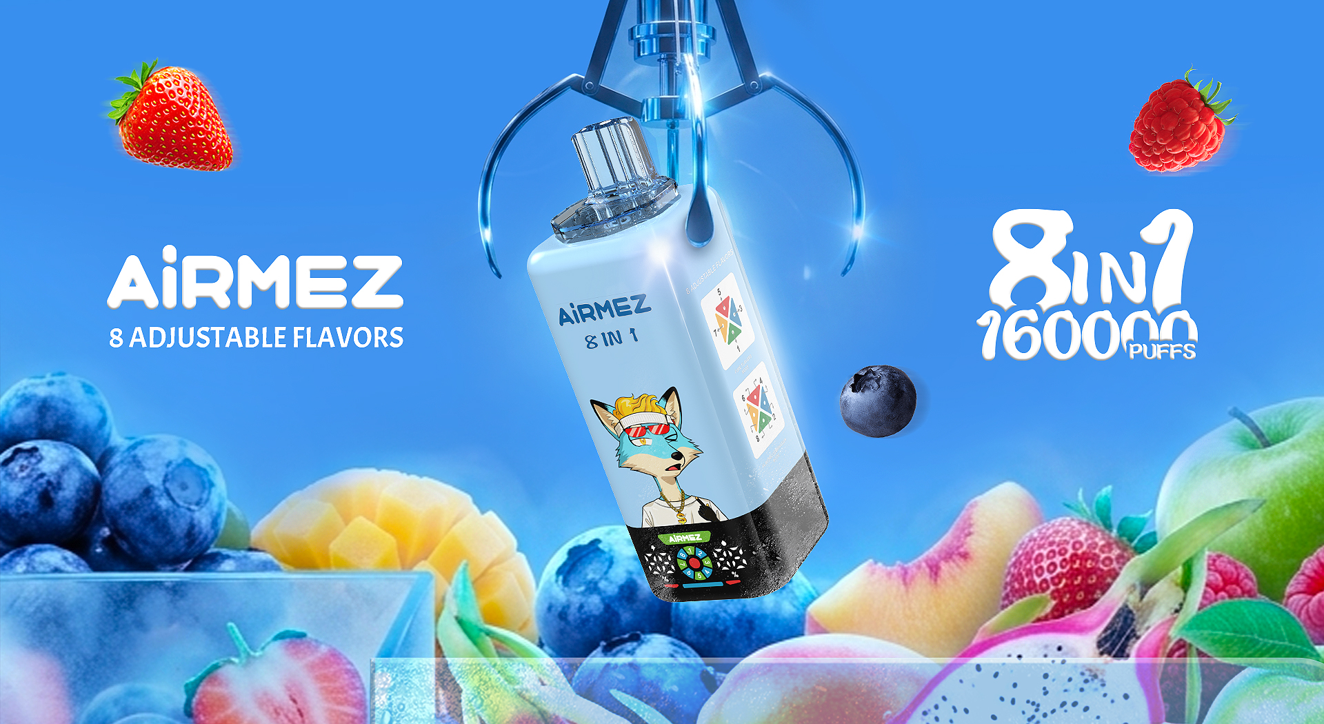 Airmez Fox 8in1 160K Puffs disposable vape with adjustable multi-flavor system and fruity flavor design