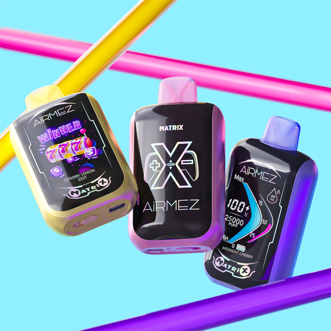 Airmez Matrix disposable vape featuring 25000 puffs, high-definition touch screen with gaming UI, and adjustable power modes.