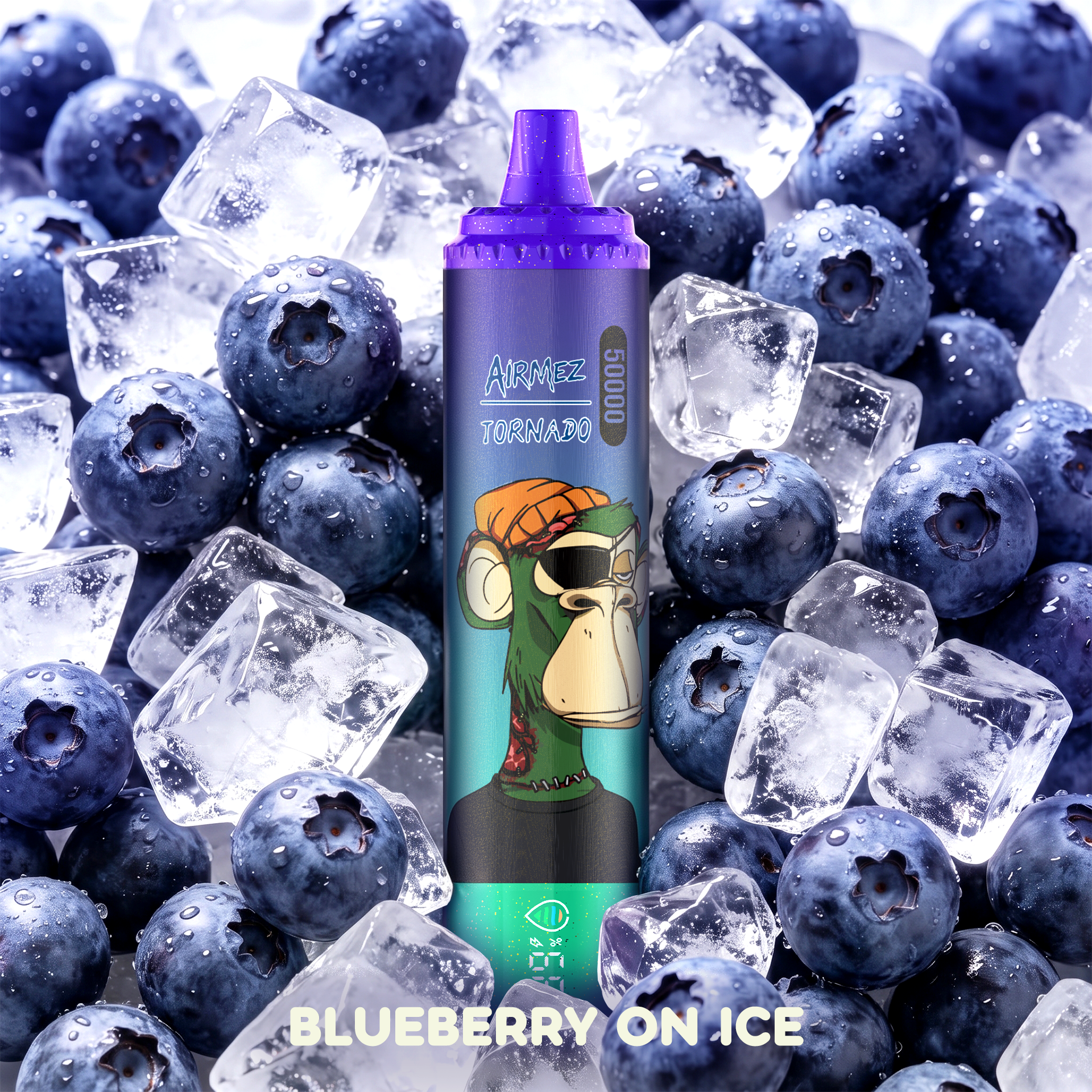 AiRMEZ Tornado 50K Blueberry On Ice flavor with fresh blueberries and ice cubes