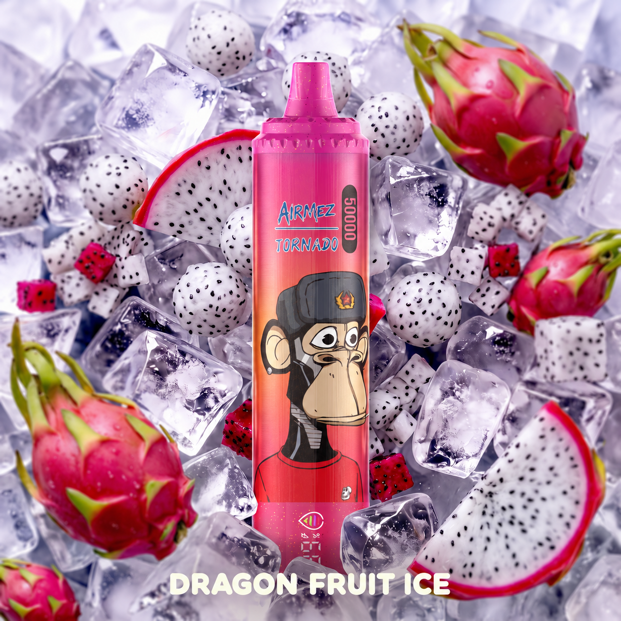 AiRMEZ Tornado 50K Dragonfruit Ice flavor with dragon fruit and ice cubes