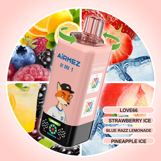 Airmez Fox 8-in-1 160K Kit 02 – Love 66 & Strawberry Ice & Blue Razz Lemonade & Pineapple Ice | 4 Flavor Kit Render | Rotate to Switch | EU Stock Ships from Poland