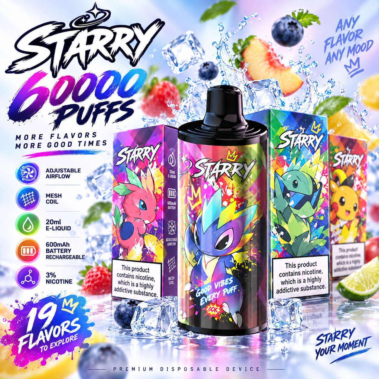 STARRY 60K Puffs disposable vape with 20ML e-liquid, adjustable airflow, Mesh Coil, 600mAh rechargeable battery and 19 flavors