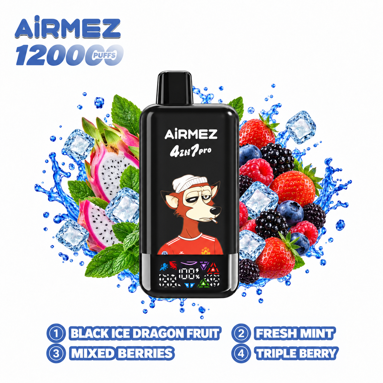 AiRMEZ Fox 4-in-1 Pro 120K four-flavor edition with Black Ice Dragon Fruit, Fresh Mint, Mixed Berries and Triple Berry