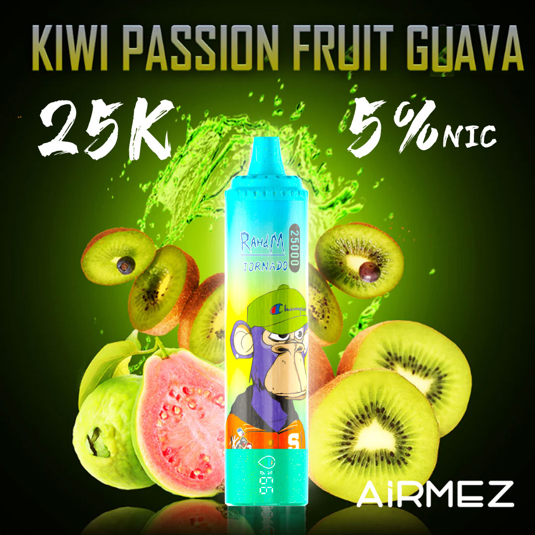 Tropical flavor explosion for Airmez Tornado 25000 Puffs Kiwi Passion Fruit Guava. Showcasing the device with fresh kiwi, passion fruit, and guava elements.