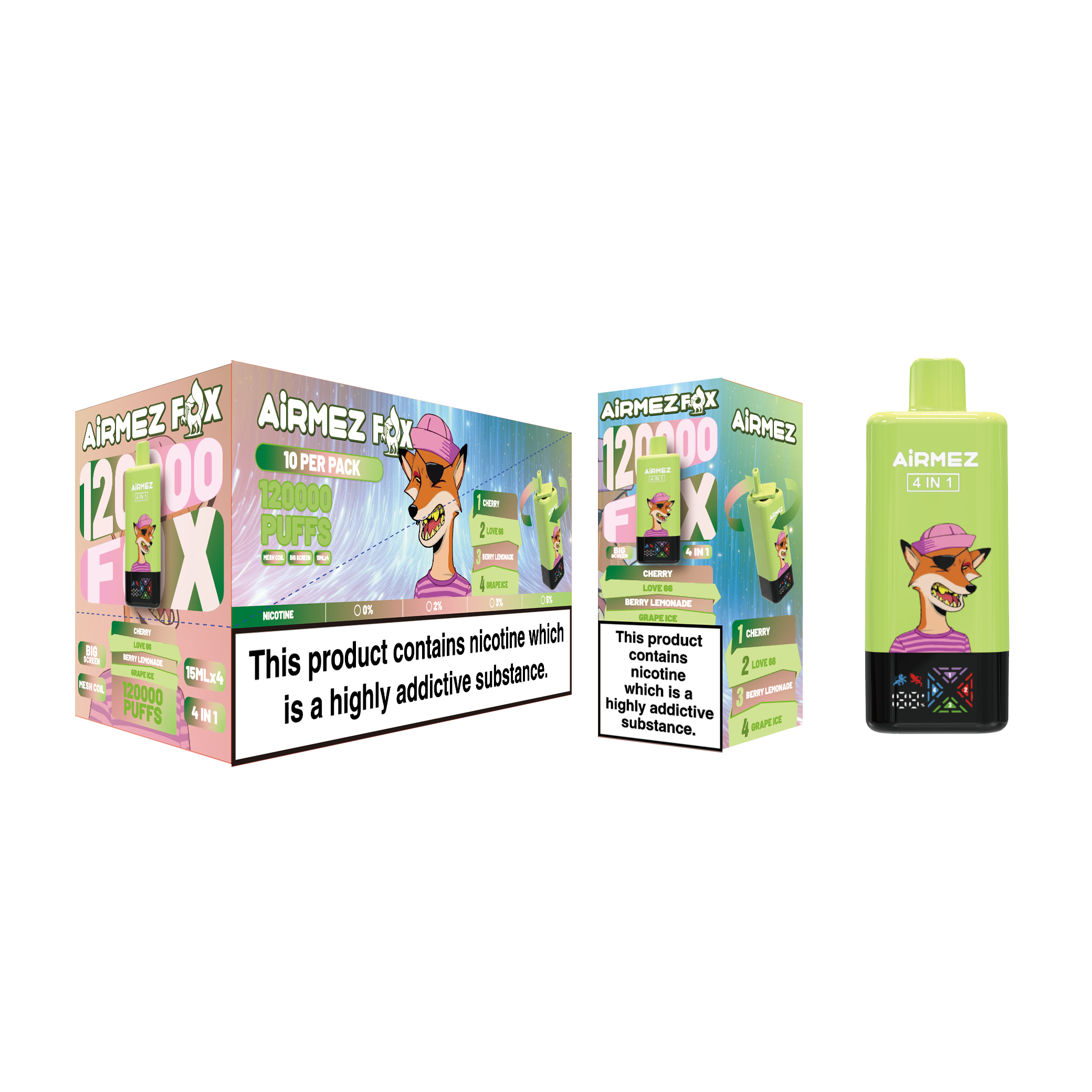 Airmez Fox 120,000 Puffs Purple Edition packaging. 10pcs shop display box showing 4-in-1 sub-flavors: Cherry, Love 66, Berry Lemonade, Grape Ice.