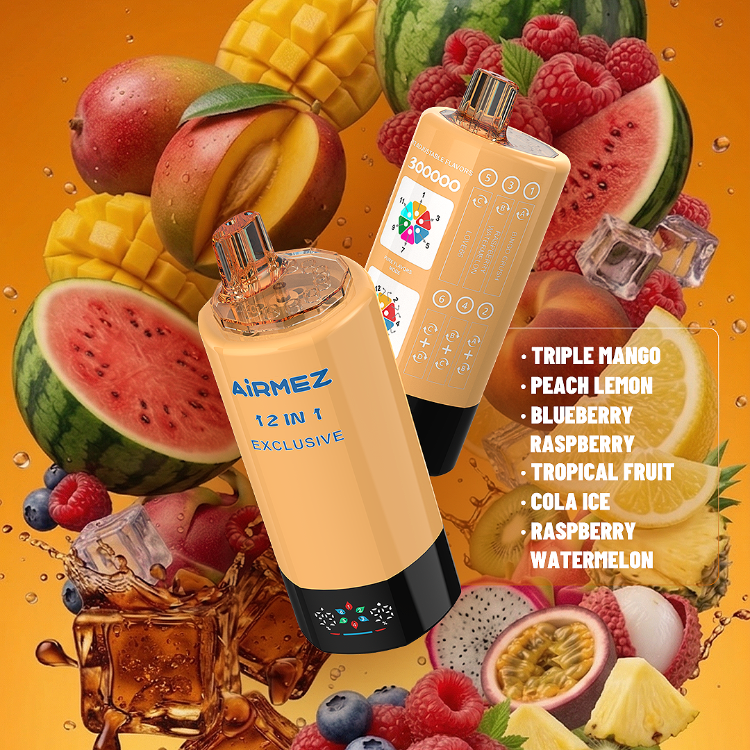 Digital flavor presentation render of AiRMEZ Exclusive 300K Edition 7 showcasing blueberry raspberry and cola ice.