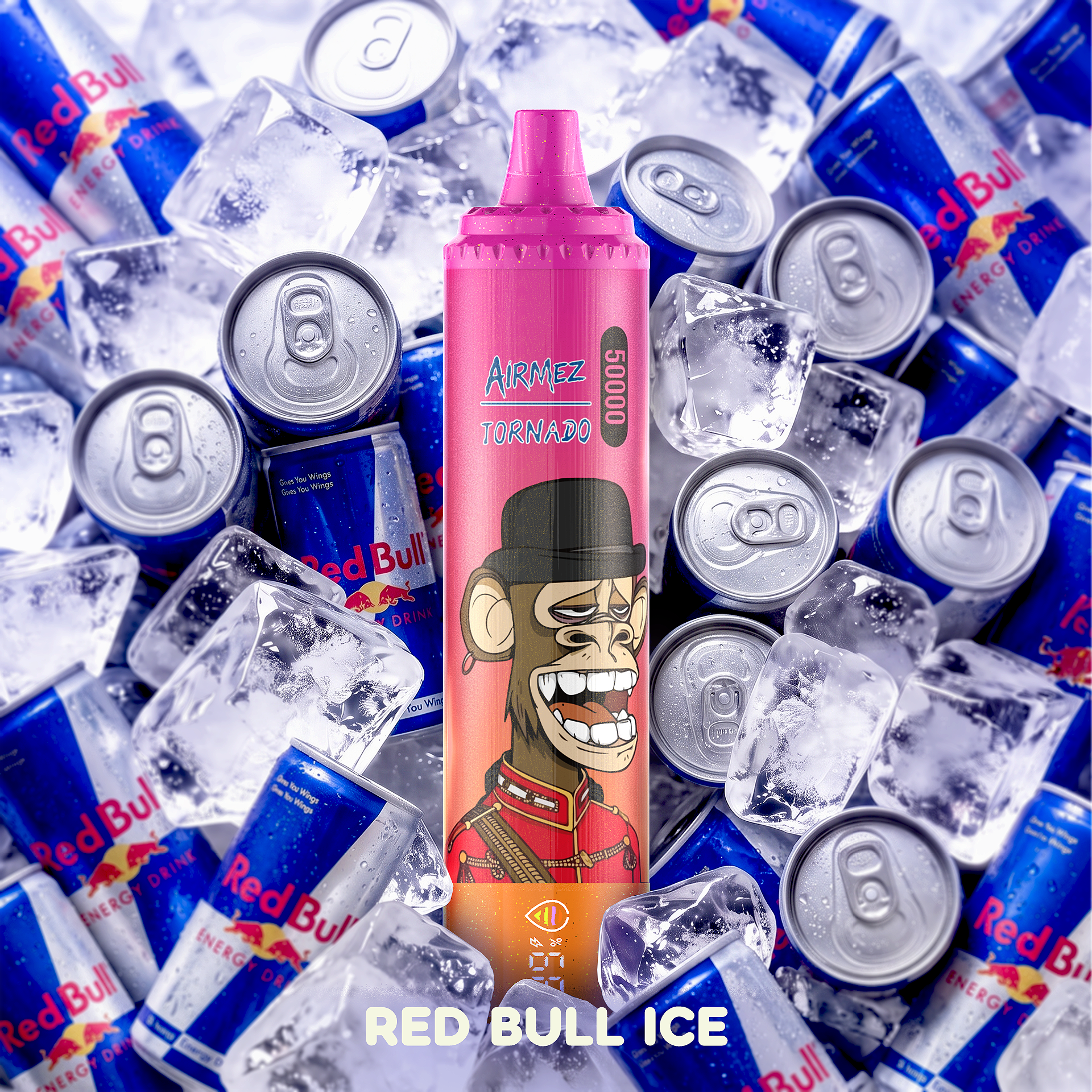 AiRMEZ Tornado 50K Red Bull Ice flavor with chilled energy drink cans and ice cubes