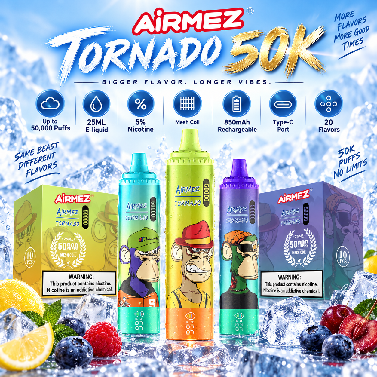 AiRMEZ Tornado 50K Puffs product features with 25ML e-liquid, Mesh Coil, 850mAh battery and 20 flavors