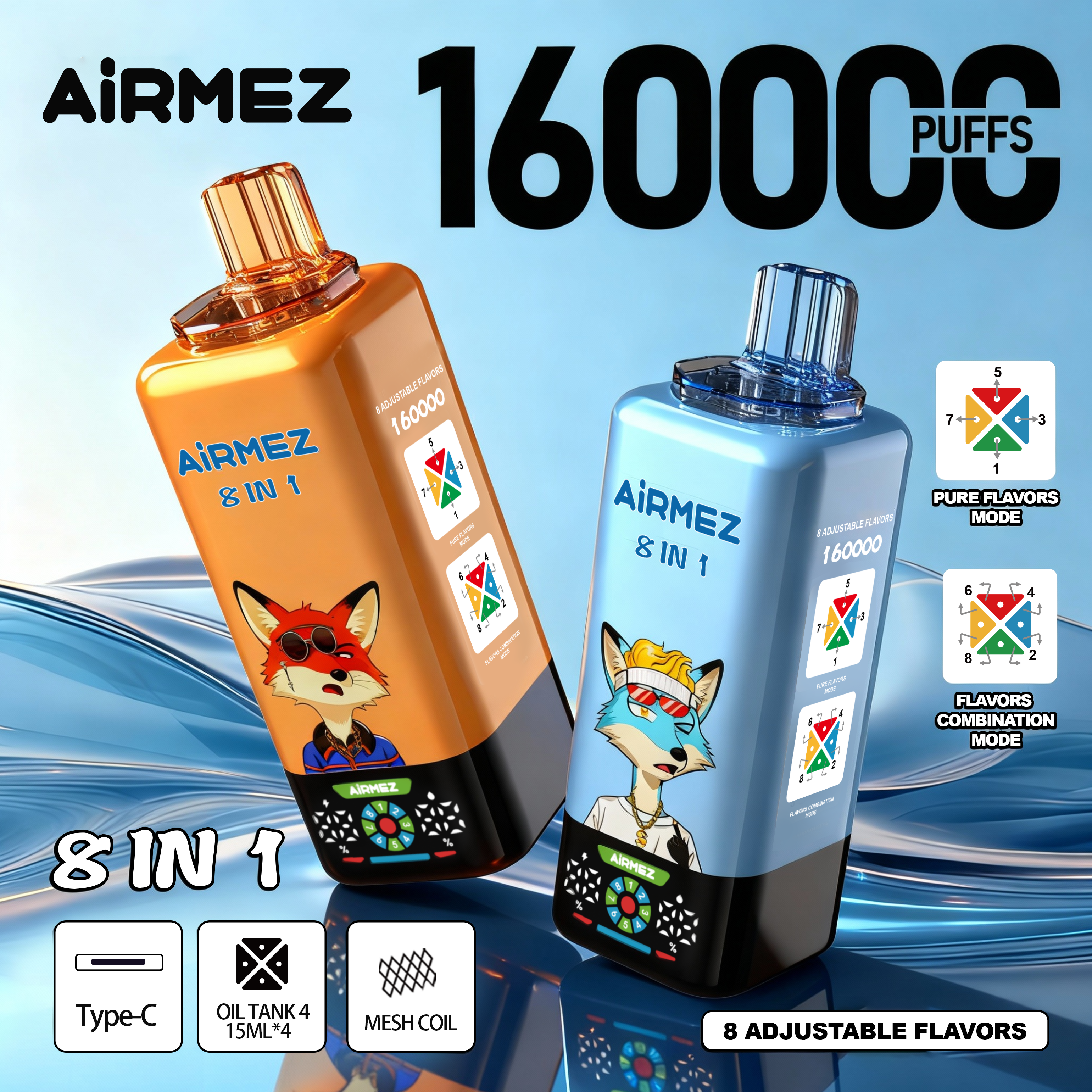 Airmez Fox 8-in-1 160K – 8 Adjustable Flavors | Mesh Coil, 60ml, Type-C | EU Stock Ships from Poland