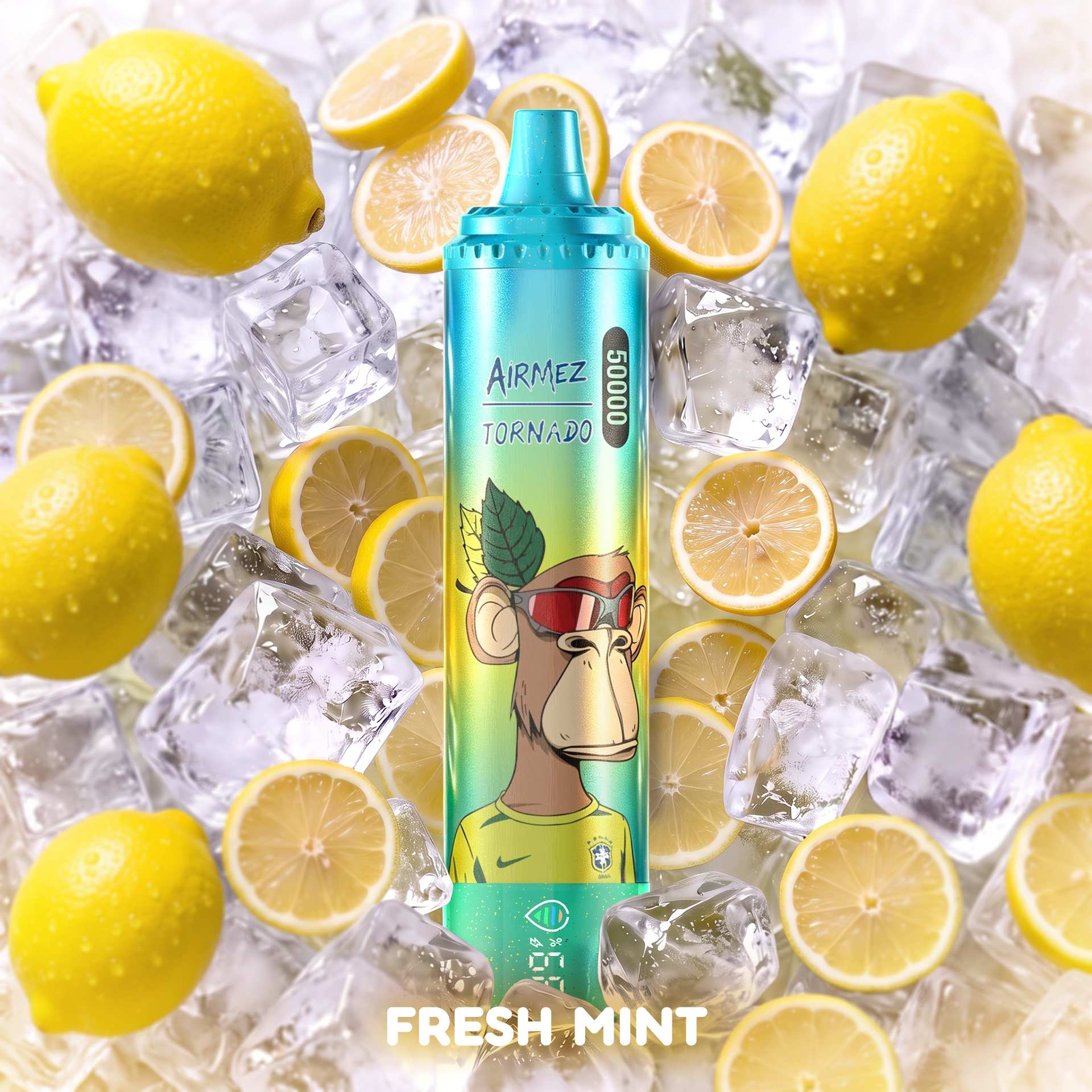AiRMEZ Tornado 50K Fresh Mint flavor with fresh mint leaves and ice cubes