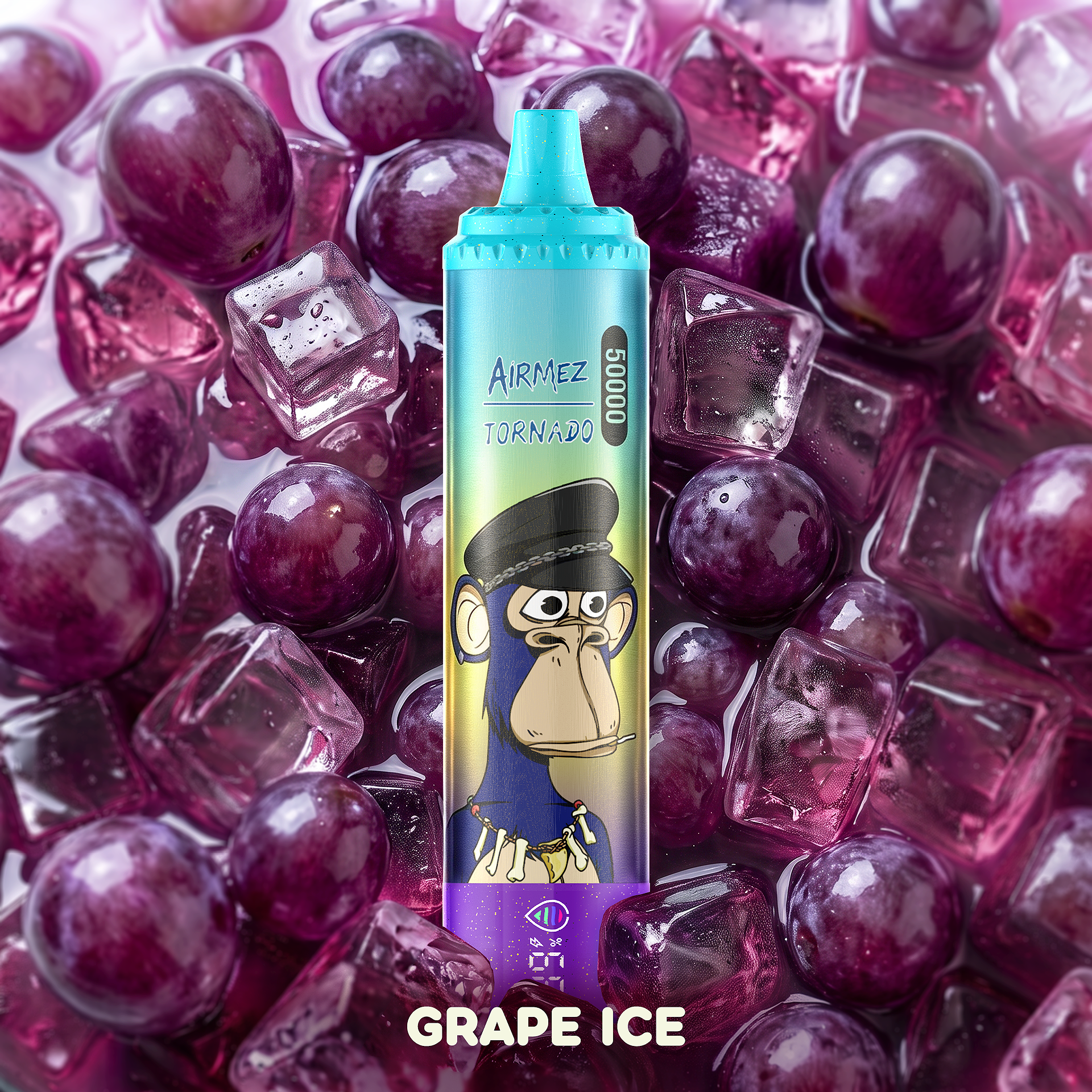 AiRMEZ Tornado 50K Grape Ice flavor with grapes and ice cubes