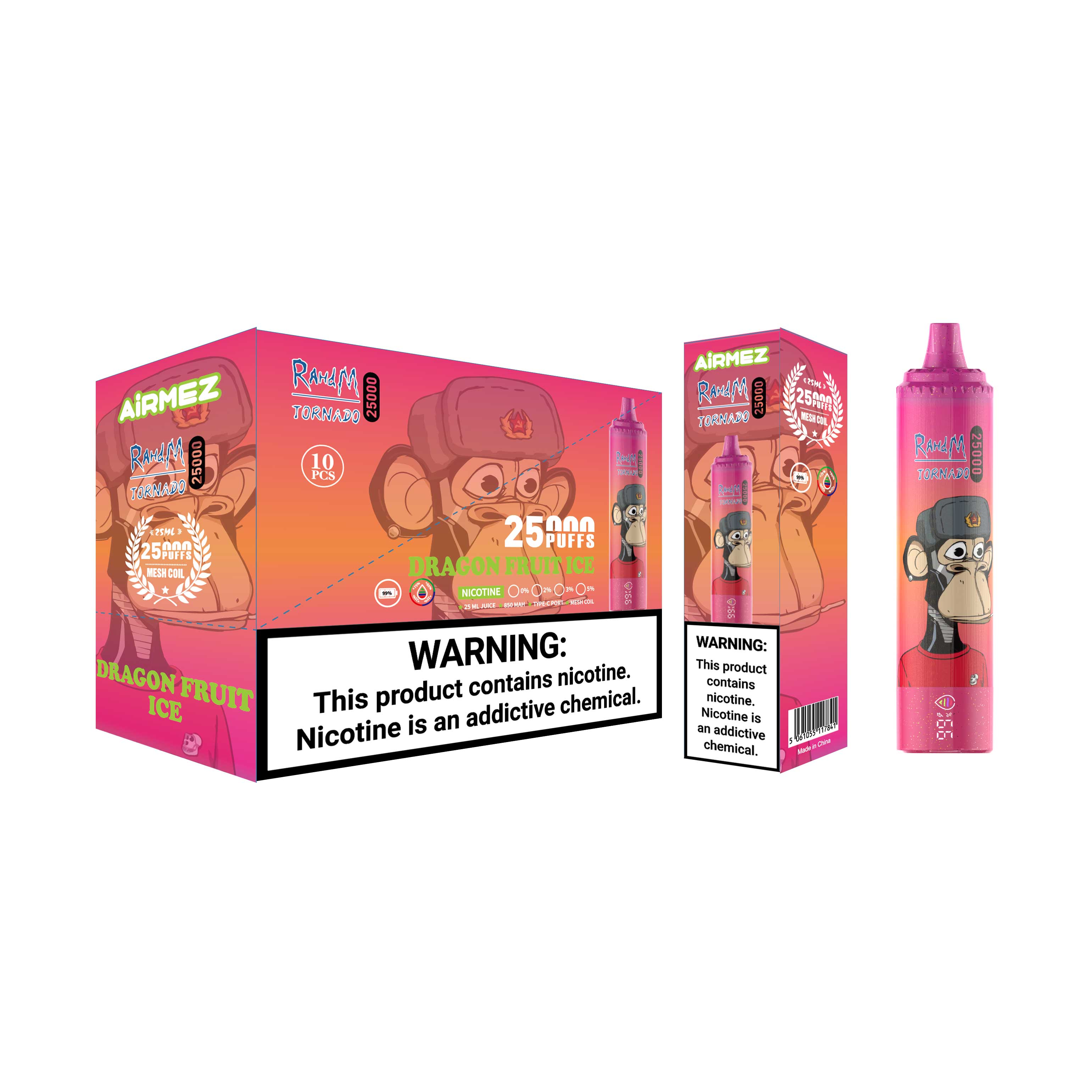 Wholesale 10-pack display box of Airmez Tornado 25000 Puffs in Dragon Fruit. Includes the single retail box showing the iconic brand mascot.