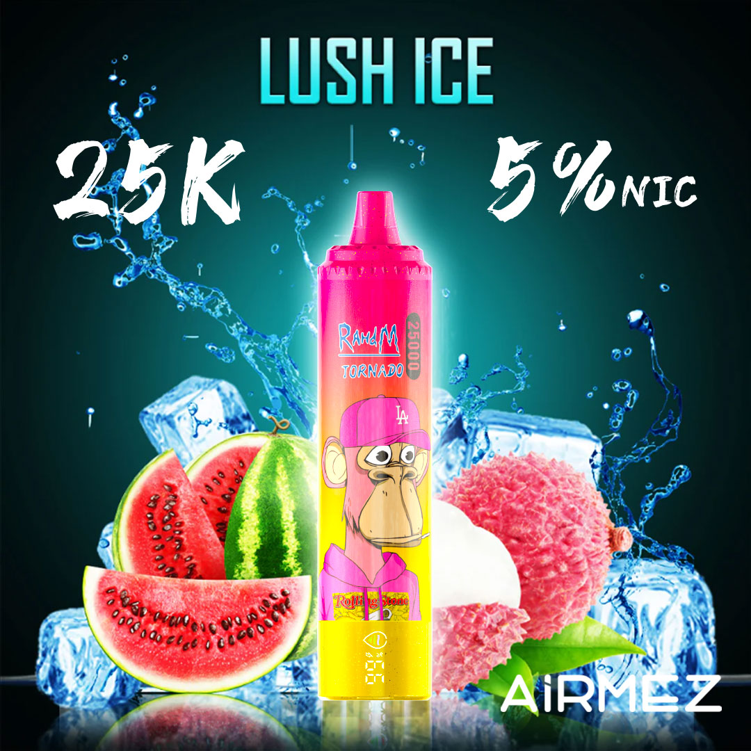 Airmez Tornado 25000 Puffs Lush Ice flavor poster. The high-capacity vape is featured with sweet watermelon slices and frosty ice components.