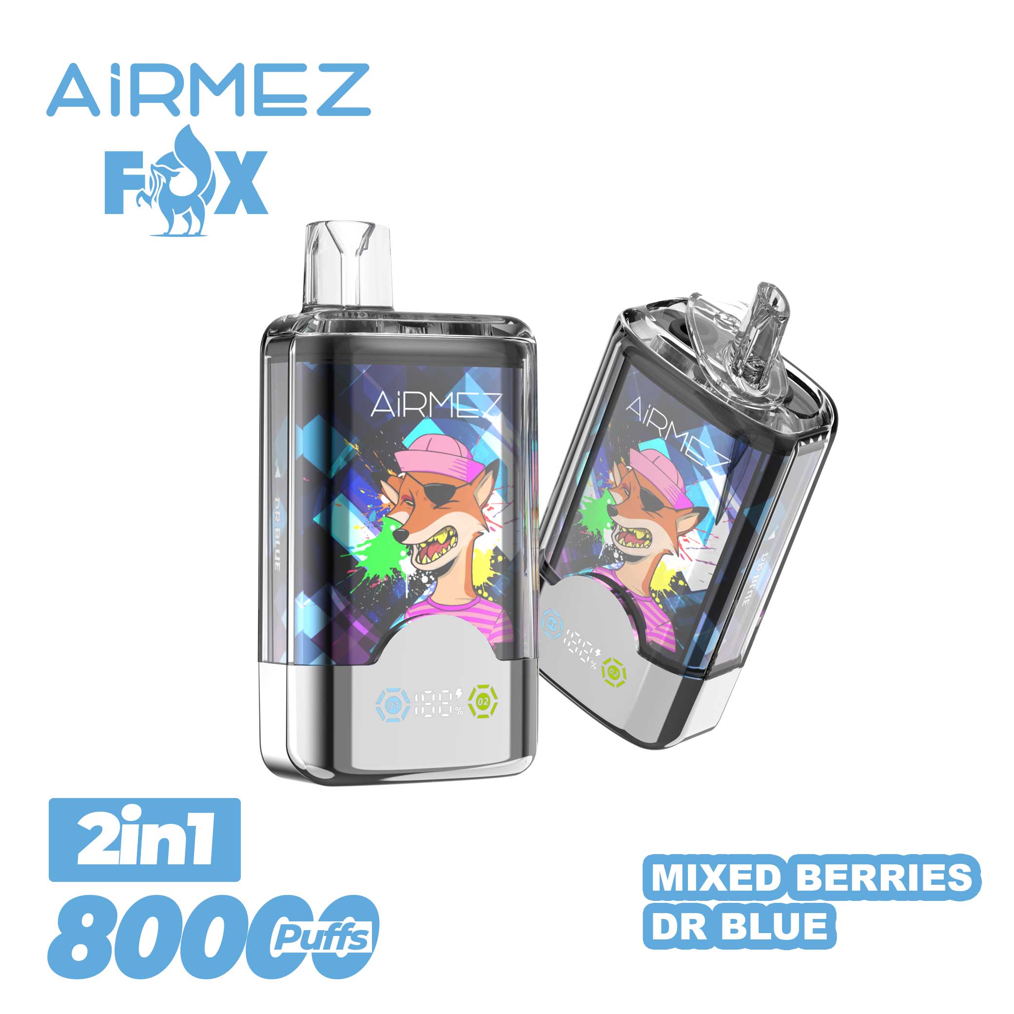 Airmez 80K Puffs Mixed Berries edition official product view. Pure white background highlighting the dual-flavor rotating switch and ergonomic mouthpiece.