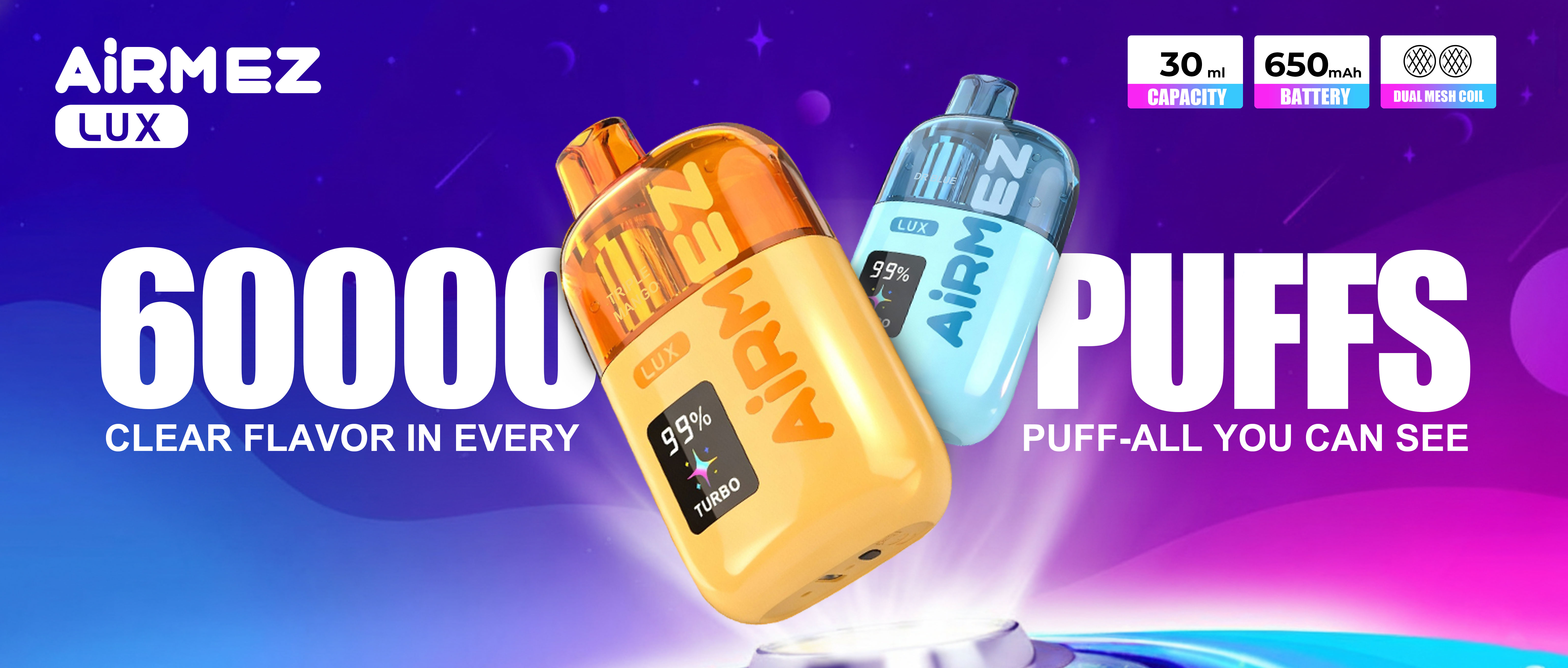 Airmez LUX 60000 puffs flagship disposable vape with 30ml high capacity, dual mesh coil, and 650mAh rechargeable battery for extreme performance.