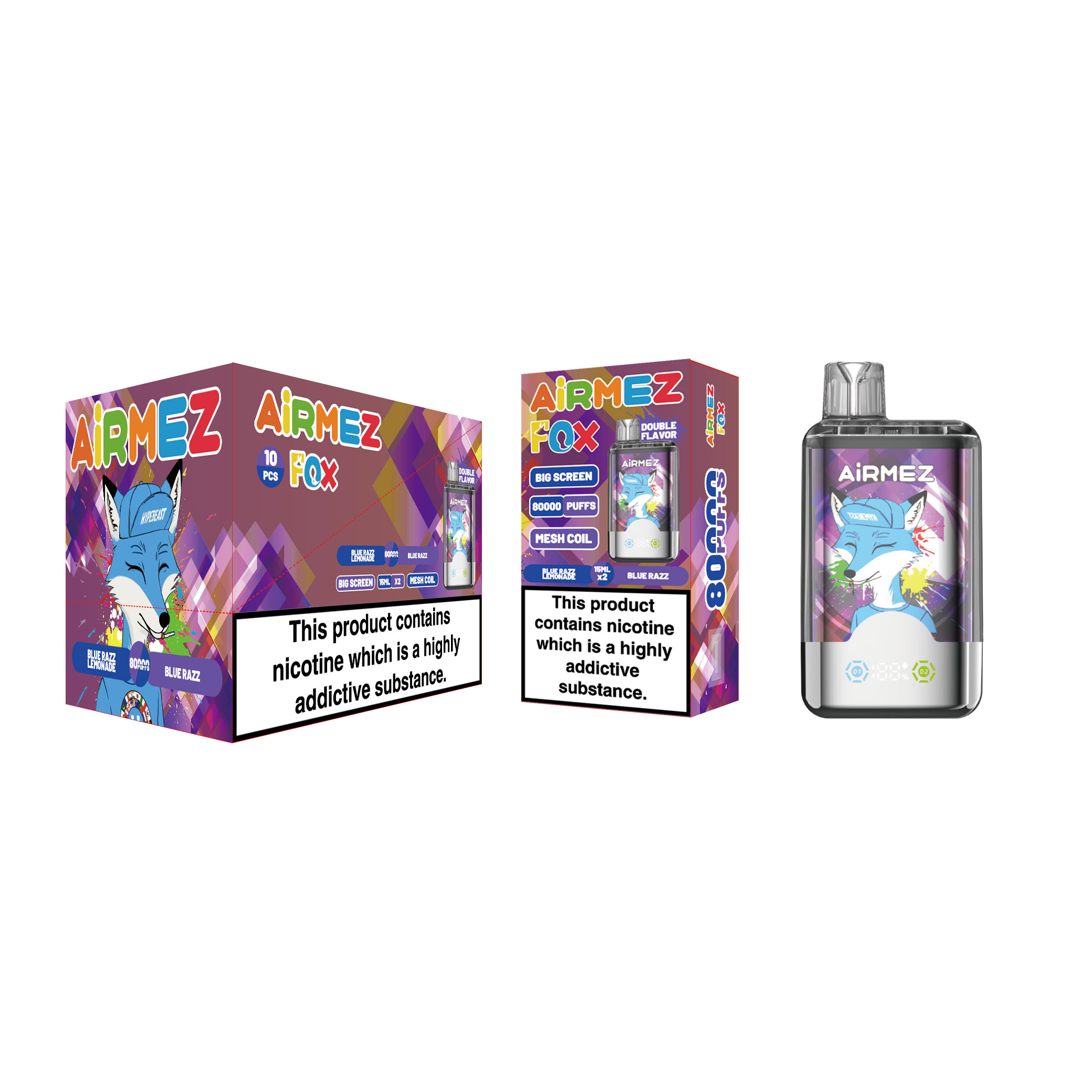 Airmez 80,000 Puffs Blue Razz Lemonade & Blue Razz wholesale packaging. 10-pack master display box available in EU local stock for fast delivery.