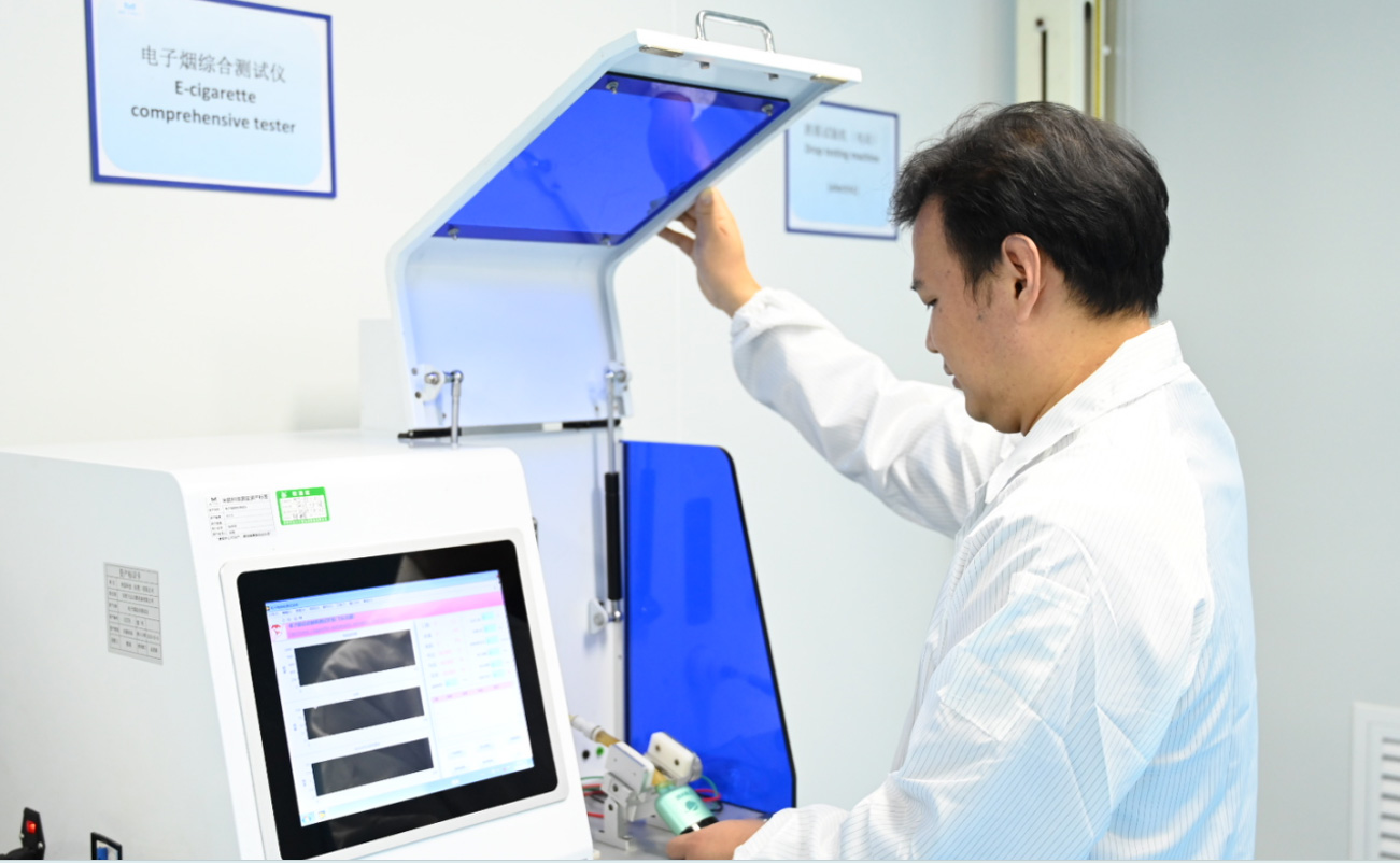 An Airmez technician using professional e-cigarette comprehensive testing equipment to ensure product safety and quality.