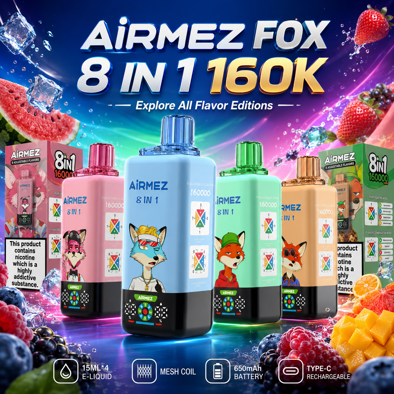 Airmez Fox 8-in-1 160K collection cover showing multiple flavor editions, product devices and retail packaging