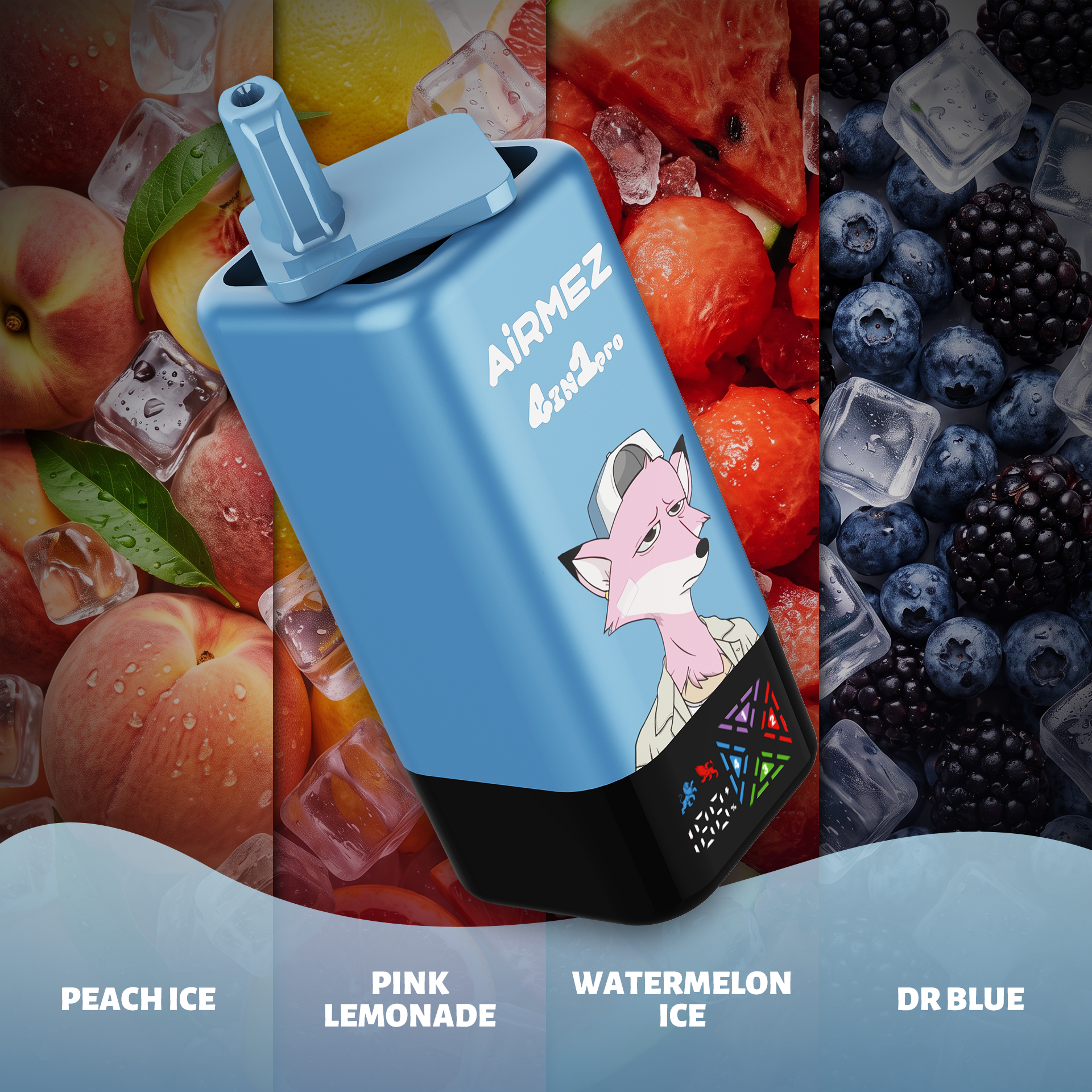 AiRMEZ Fox 4-in-1 Pro 120K Peach Ice, Pink Lemonade, Watermelon Ice and Dr Blue