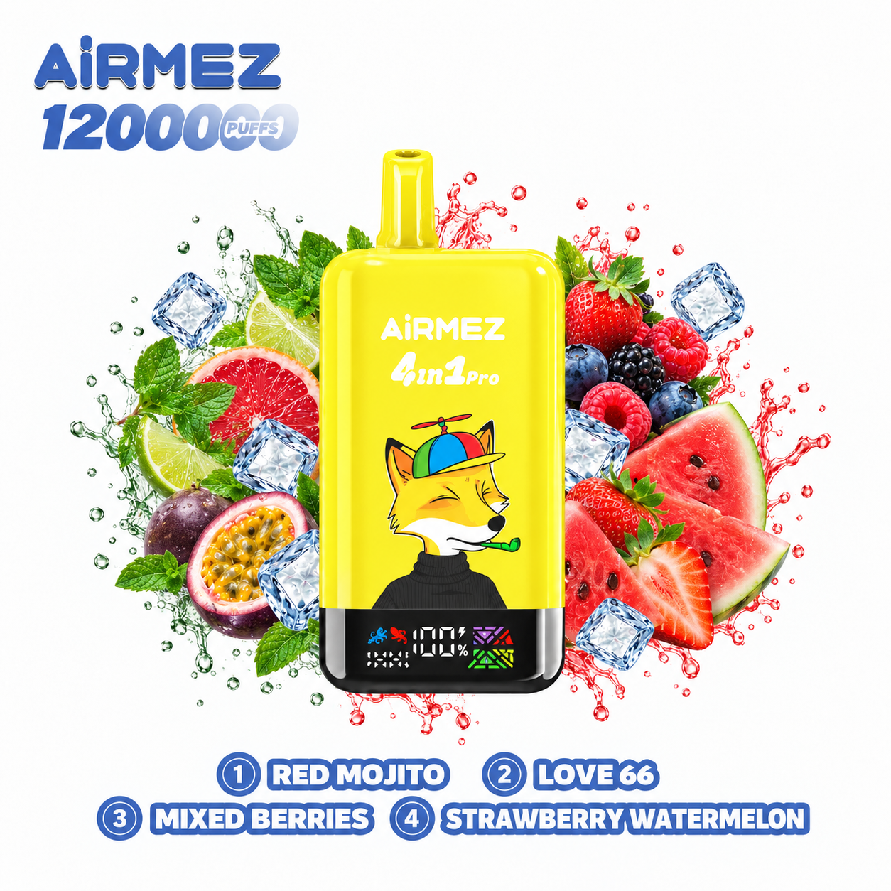 AiRMEZ Fox 4-in-1 Pro 120K four-flavor edition with Red Mojito, Love 66, Mixed Berries and Strawberry Watermelon