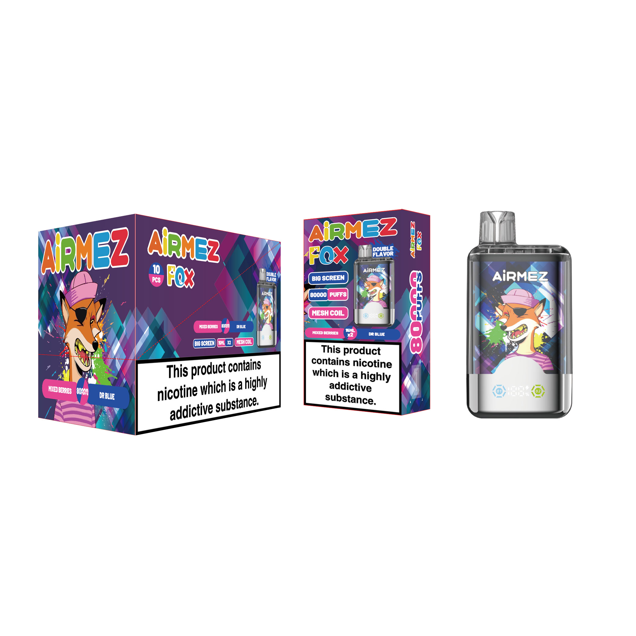 Airmez 80,000 Puffs Mixed Berries wholesale packaging. 10-count shop display box. Reliable source from EU local warehouse, no customs duty.