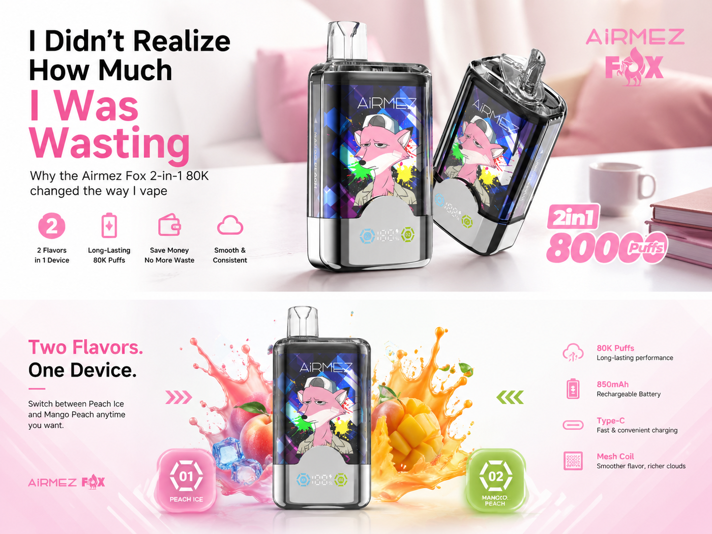Airmez Fox 2-in-1 80K puffs disposable vape with dual flavor switching, long-lasting battery and modern design