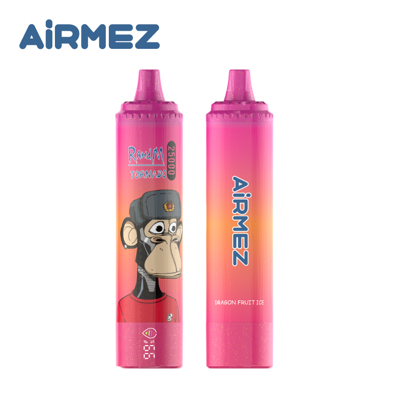 Airmez Tornado 25000 Puffs Dragon Fruit Ice flavor vape on a white background. Showcases the vibrant device colorway and 25K puff capacity features.