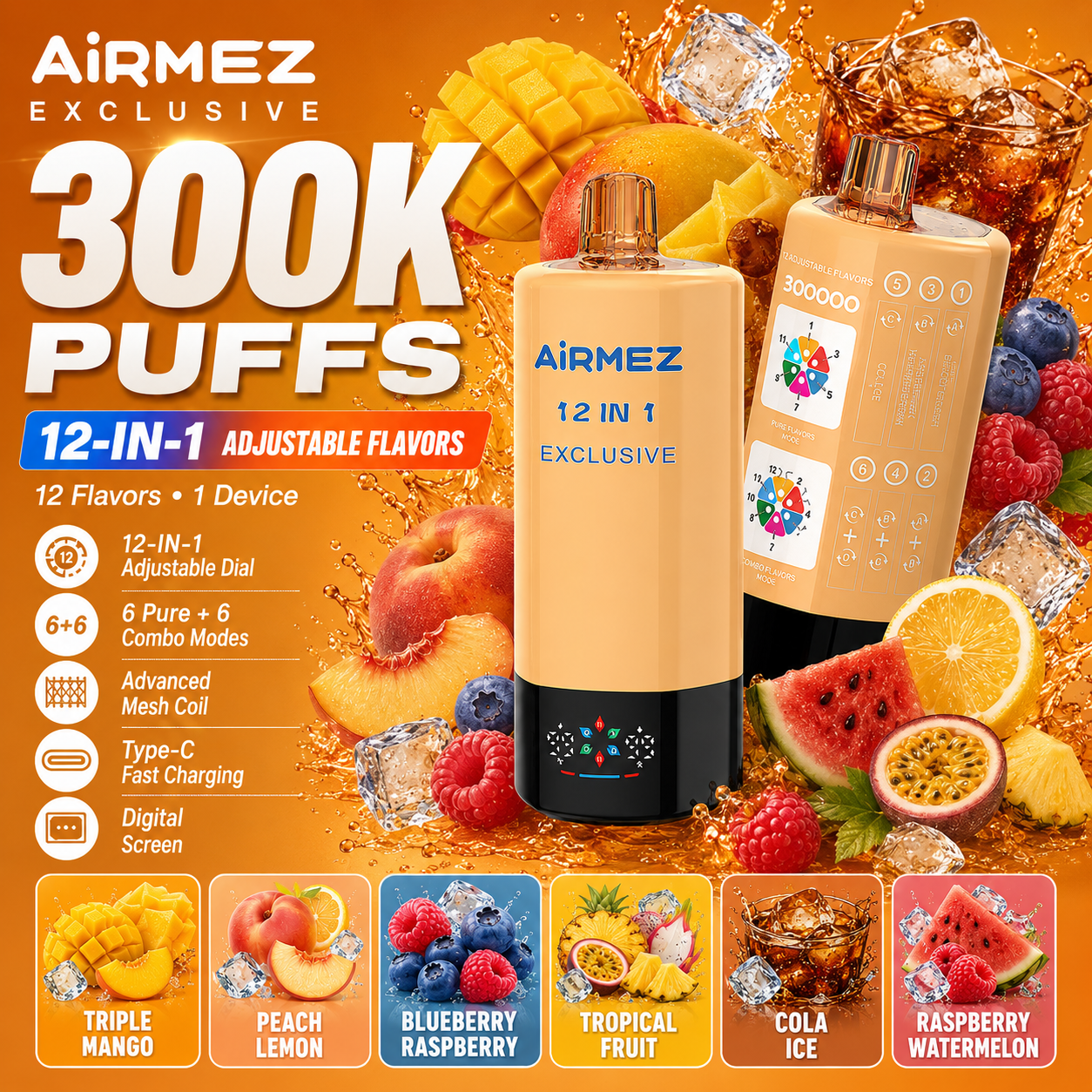 Orange Airmez Exclusive 300K puffs 12-in-1 disposable vape with tropical fruit mixed flavors digital display main product image