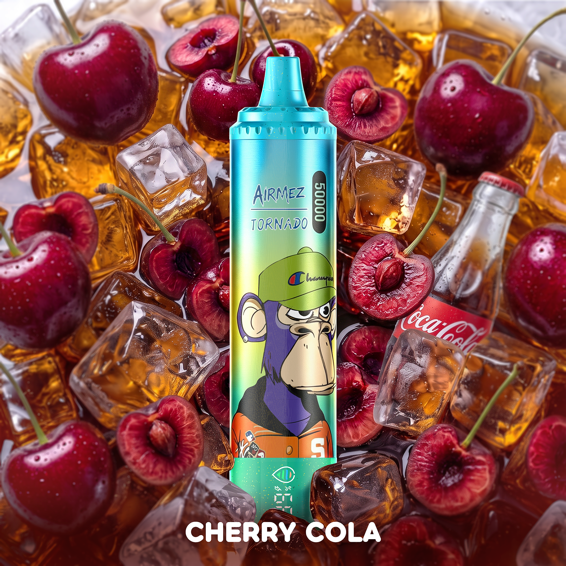 AiRMEZ Tornado 50K Cherry Cola flavor with ripe cherries, cola and ice cubes