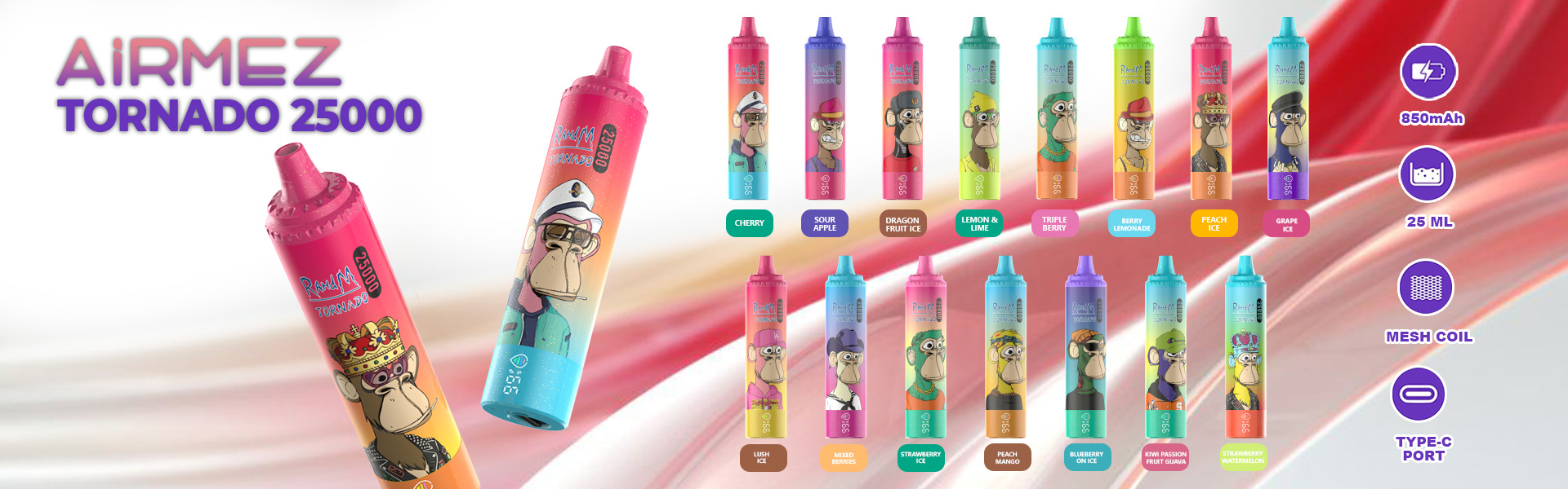 Airmez Tornado 25000 puffs disposable vape collection with 850mAh battery, 25ml e-liquid, and various fruit flavors featuring Ape character designs.