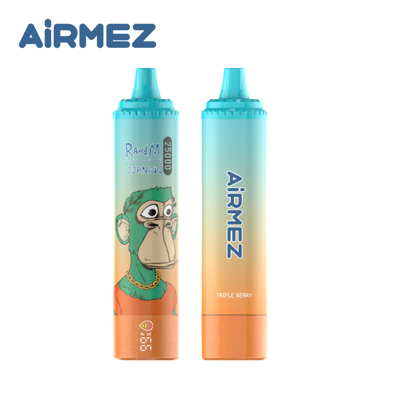 White background product photography of Airmez Tornado 25000 Puffs Triple Berry. Showcases the smart screen and long-lasting vape design.
