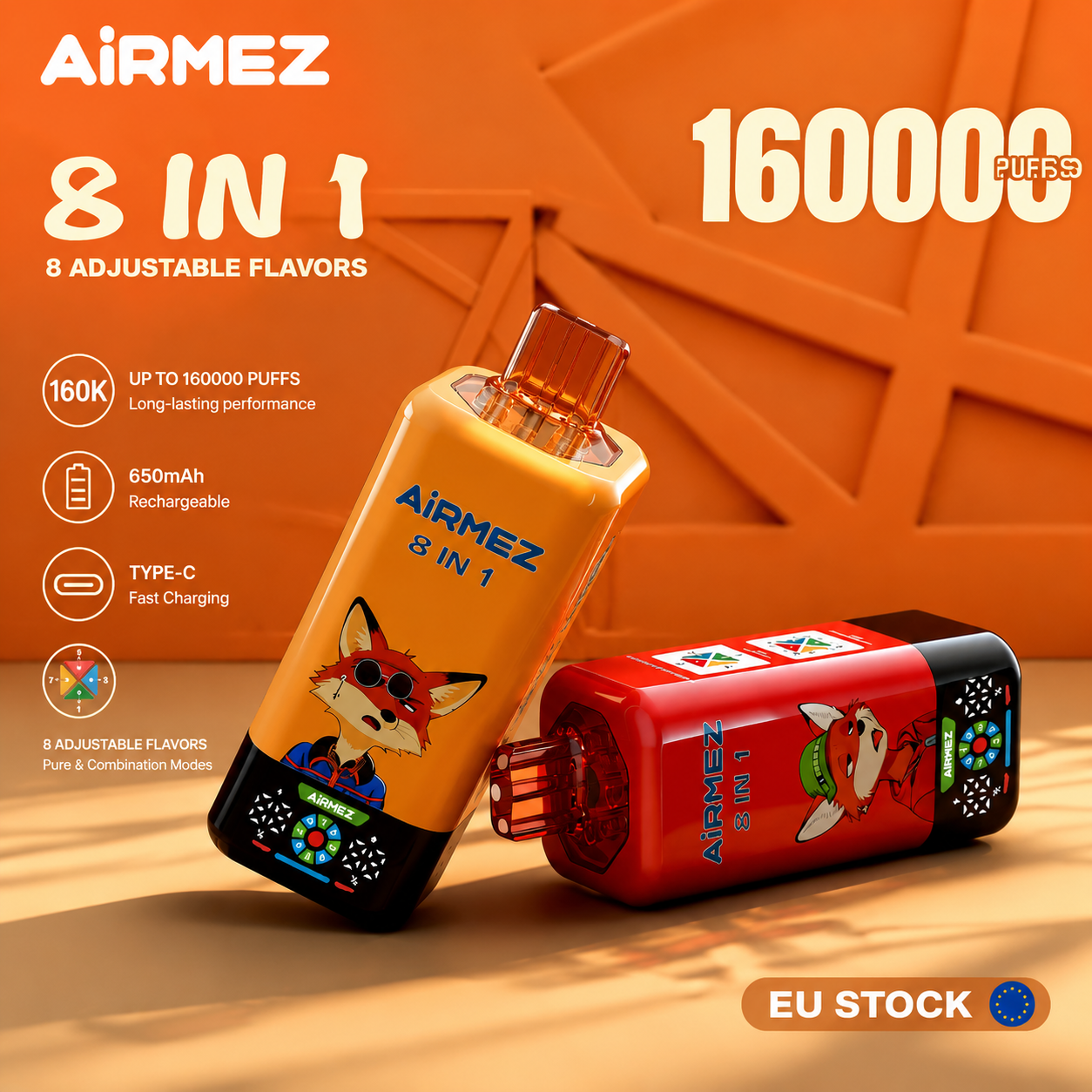 Airmez Fox 8in1 160K Puffs rechargeable vape featuring 8 adjustable flavors and smart rotating flavor switch