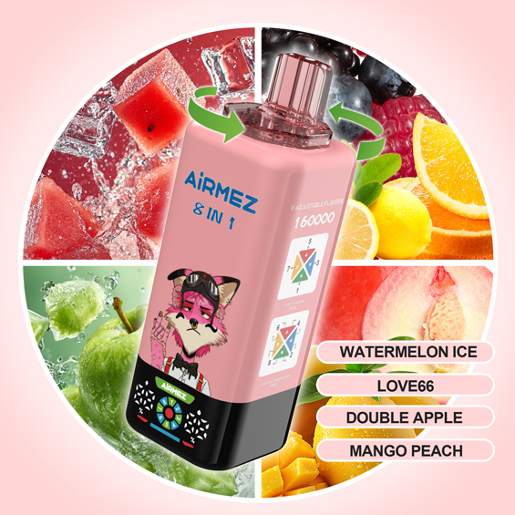 Airmez Fox 8-in-1 160K Kit 03 – Watermelon Ice & Love 66 & Double Apple & Mango Peach | 4 Flavor Kit Render | Rotate to Switch | EU Stock Ships from Poland