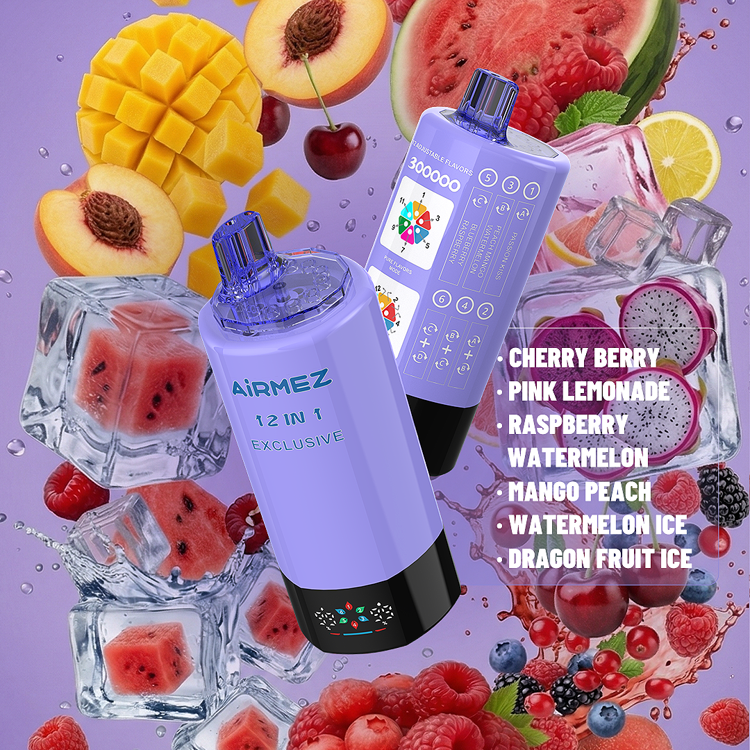 Artistic flavor composition render of AiRMEZ Exclusive 300K Edition 9 with cherry berry and raspberry watermelon.