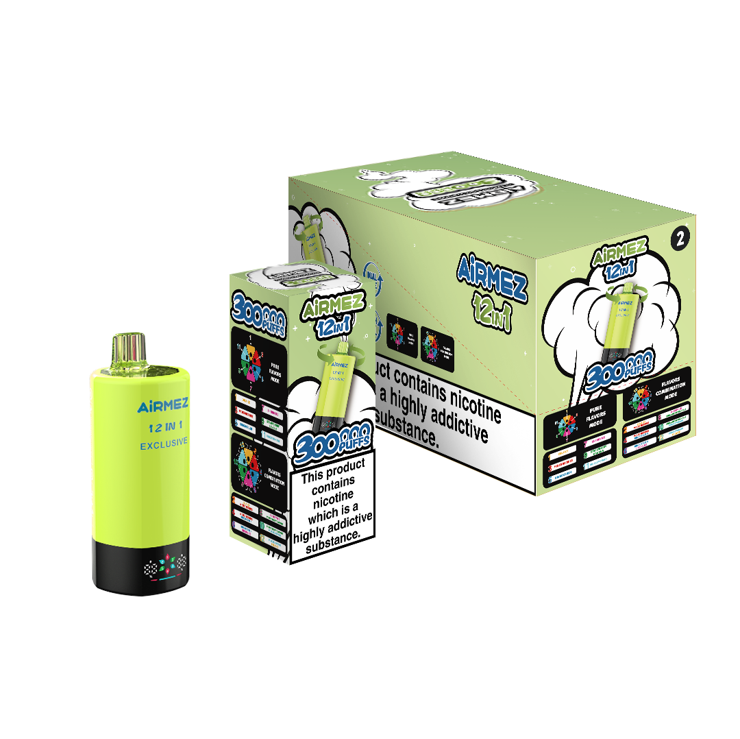 Authentic packaging box for AiRMEZ Exclusive 12-in-1 300K Edition 2 showing flavor profiles.
