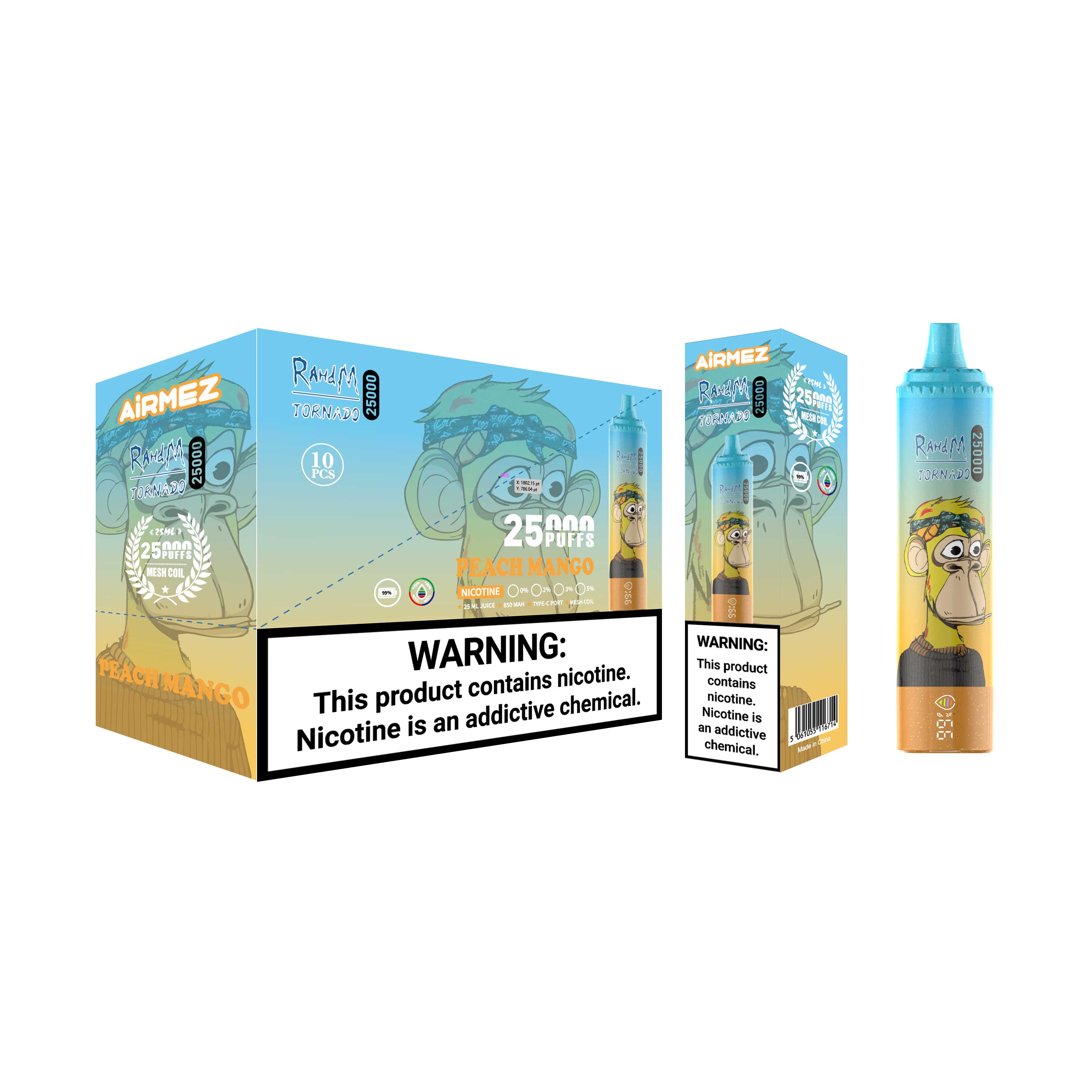 Wholesale packaging setup for Airmez Tornado 25000 Puffs Peach Mango. Displays the 10-count carton and single retail box for store shelves.