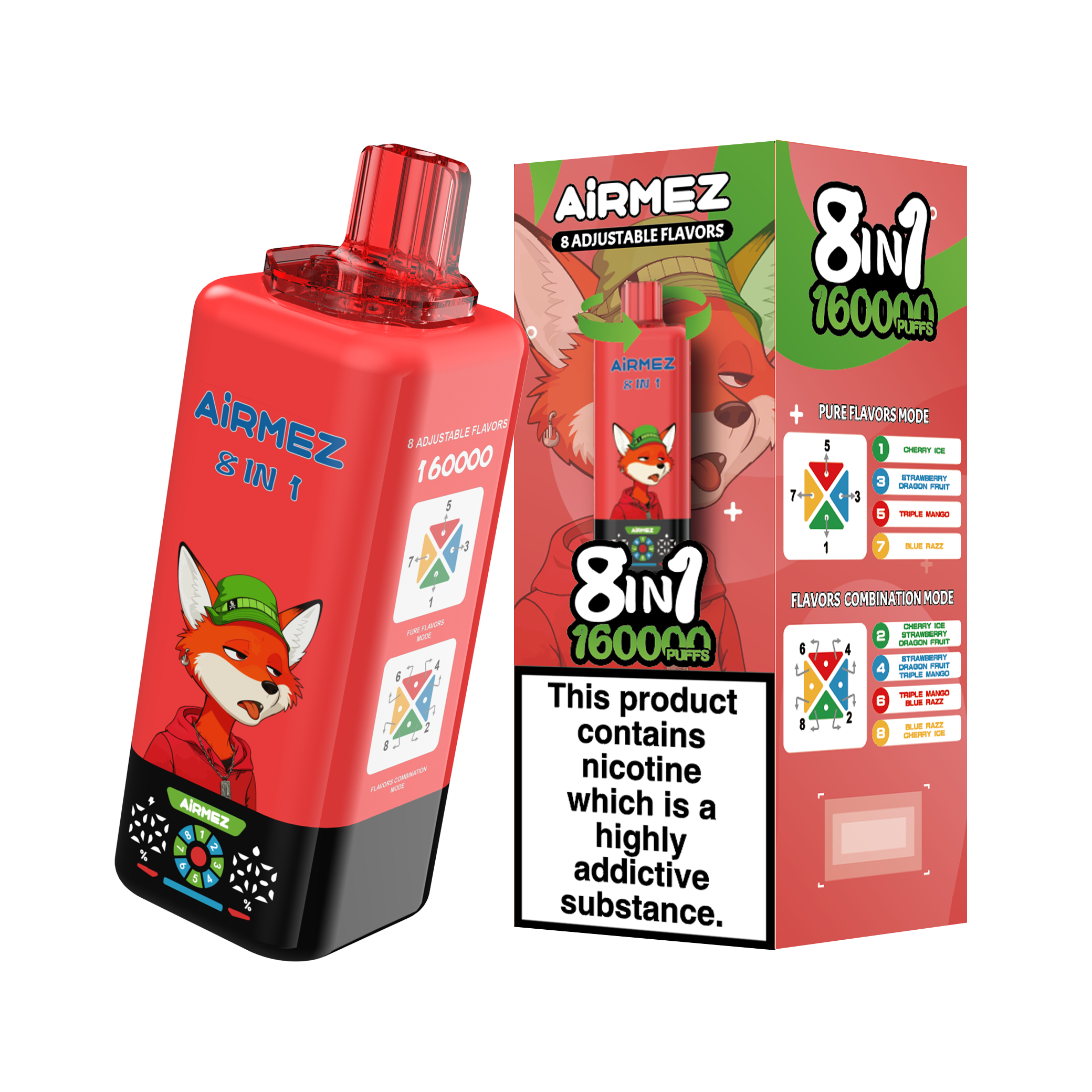 Airmez Fox 8-in-1 160K – Cherry Ice, Strawberry Dragon Fruit, Triple Mango & Blue Razz | EU Stock