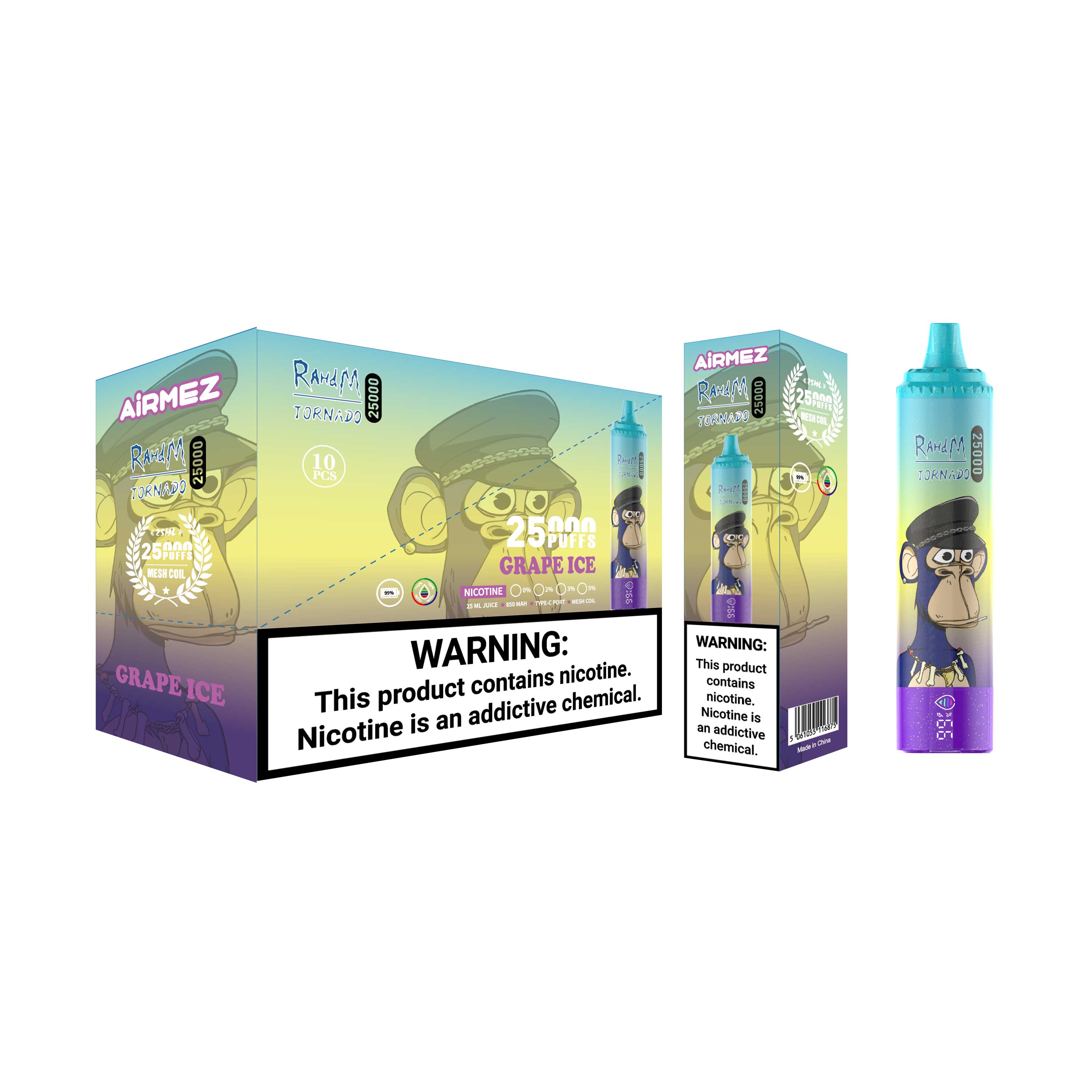 Airmez Tornado 25000 Puffs Grape Ice wholesale packaging bundle. Highlighting the 10-piece retail display carton and individual box with compliance warnings.