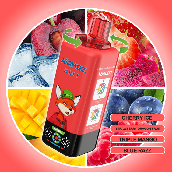 Airmez Fox 8-in-1 160K Kit 06 – Cherry Ice & Strawberry Dragon Fruit & Triple Mango & Blue Razz | 4 Flavor Kit Render | Rotate to Switch | EU Stock Ships from Poland