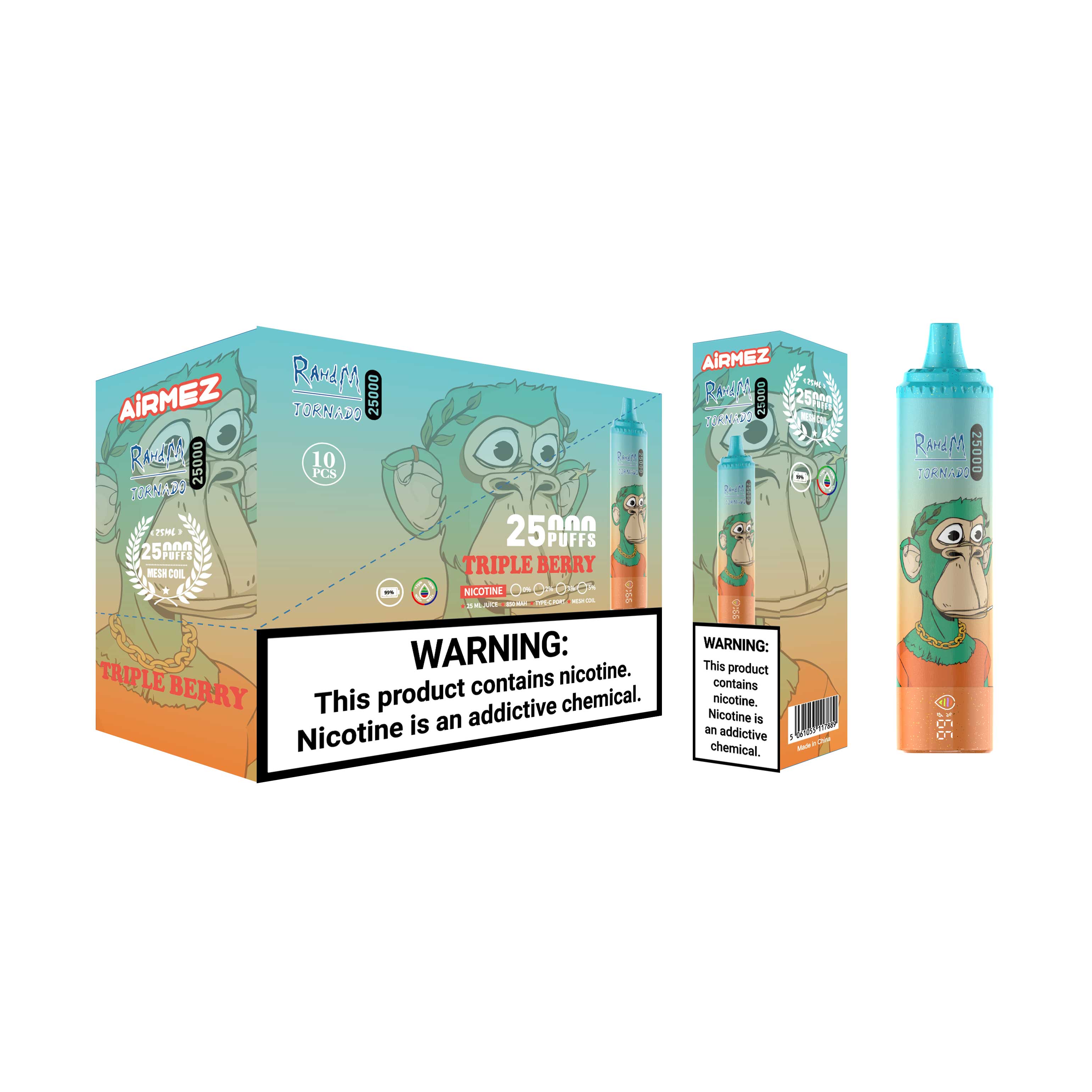 Wholesale and retail boxes for Airmez Tornado 25000 Puffs Triple Berry. Features the 10-pack shop display and single unit packaging.