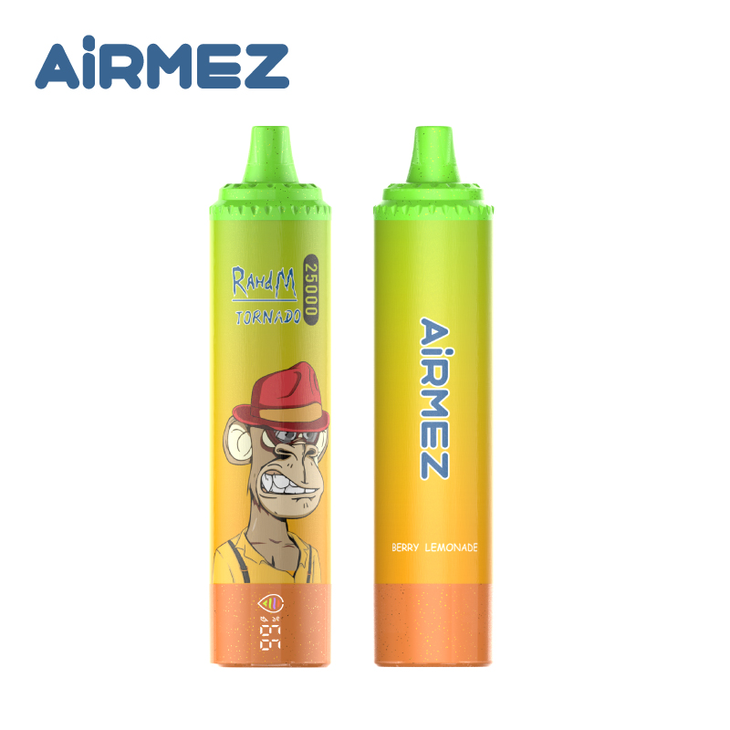Airmez Tornado 25000 Puffs disposable vape in Berry Lemonade flavor. Clean white background showing the front and back device design, LED screen, and signature monkey artwork.
