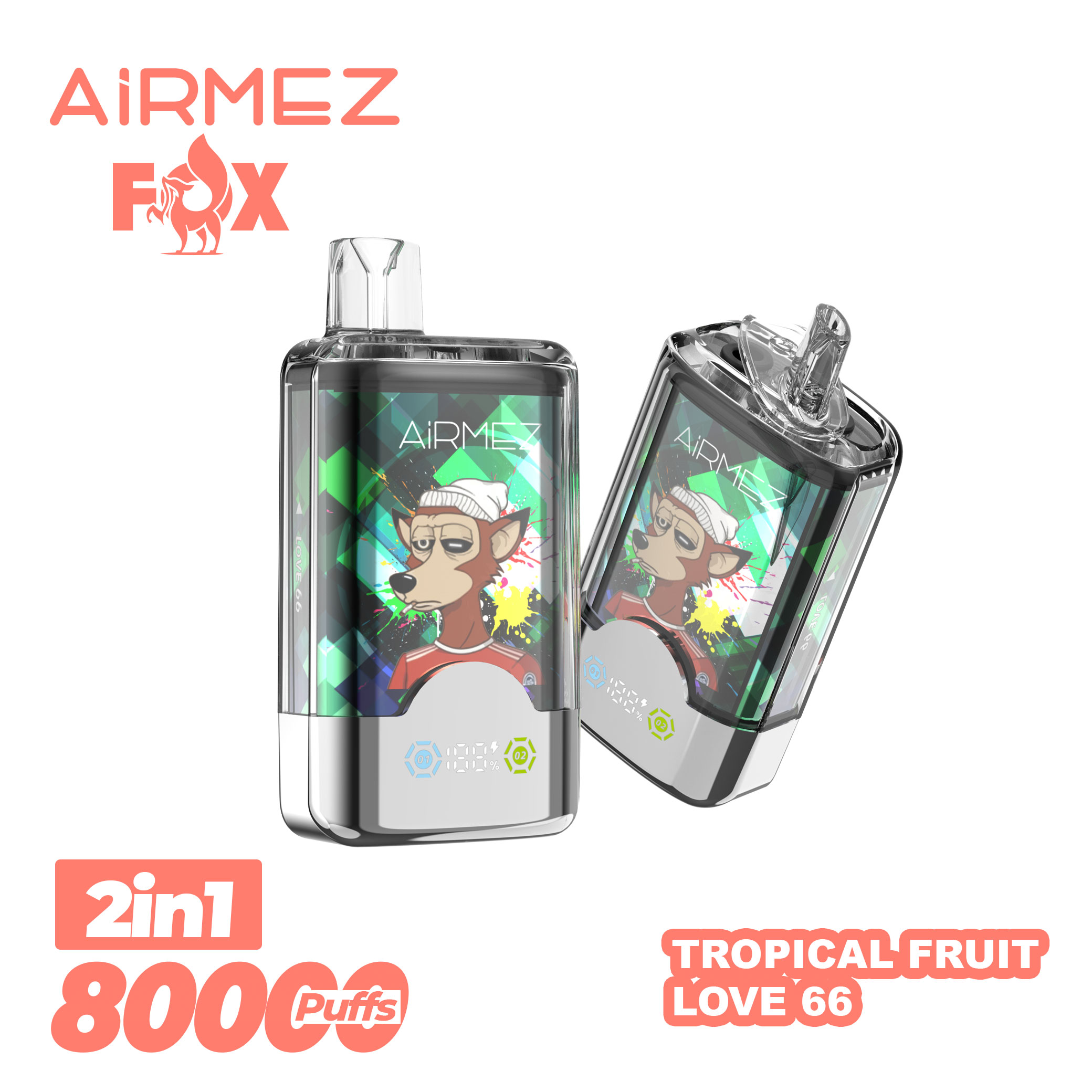 Official Airmez 80,000 Puffs Tropical Fruit & Love 66. White background shot of the advanced 2-in-1 disposable vape with 99% power delivery.