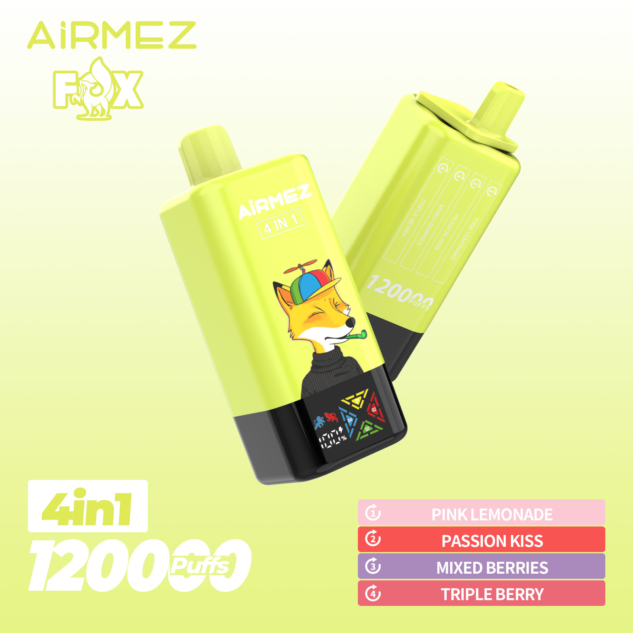Airmez Fox 120,000 Puffs Official Pink Edition 4-in-1 vape. Switch between Pink Lemonade, Passion Kiss, Mixed Berries, and Triple Berry.